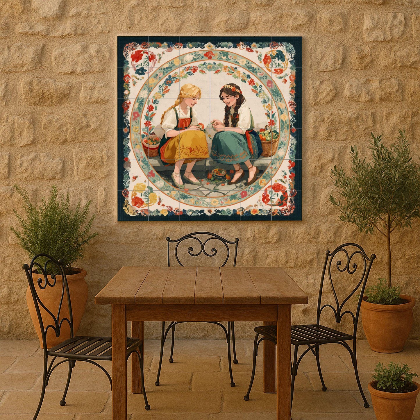 Two girls in traditional costumes with baskets – Storybook hut mural panel – Cultural culinary art – European folklore ceramic scene