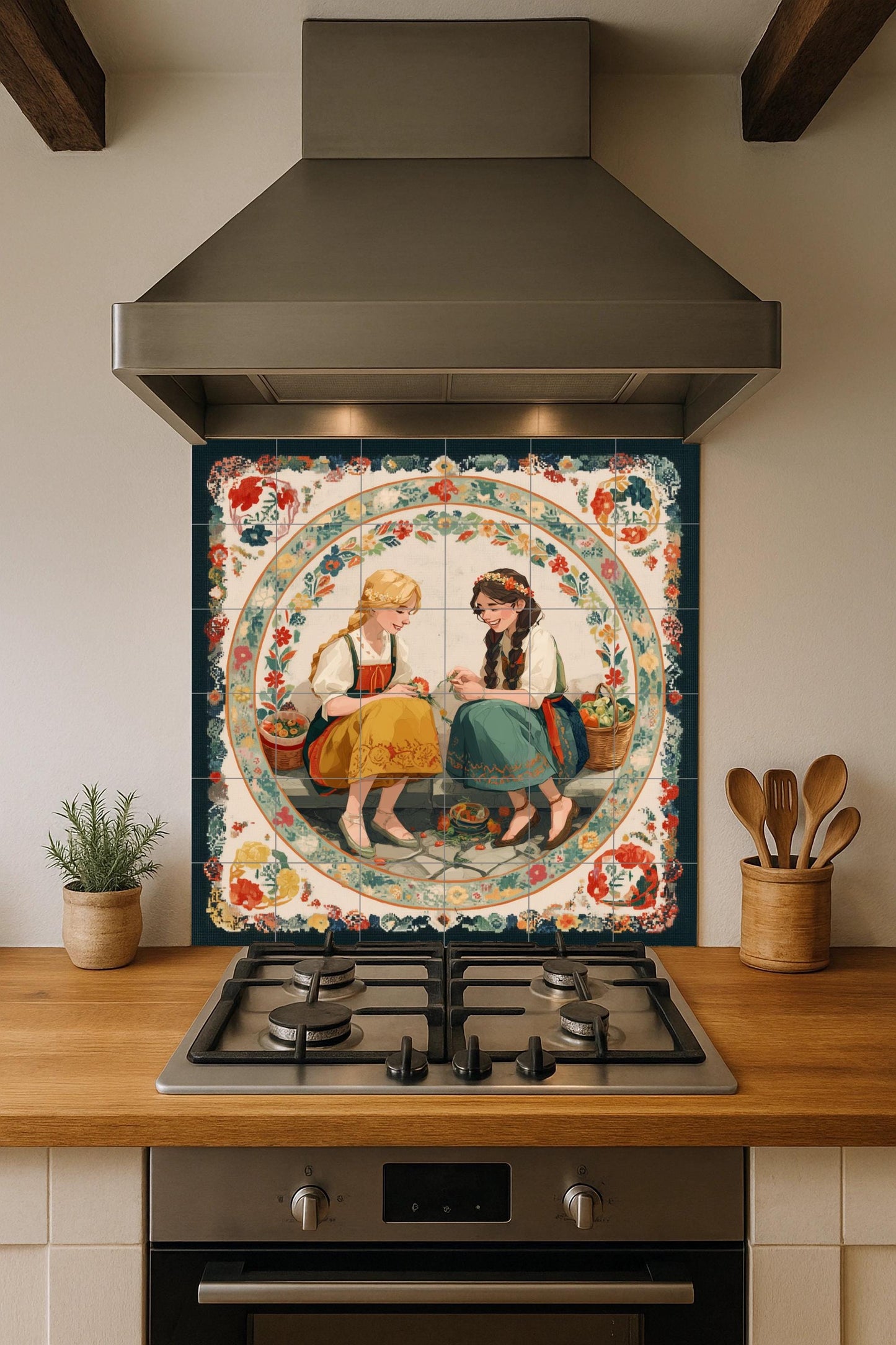 Two girls in traditional costumes with baskets – Storybook hut mural panel – Cultural culinary art – European folklore ceramic scene