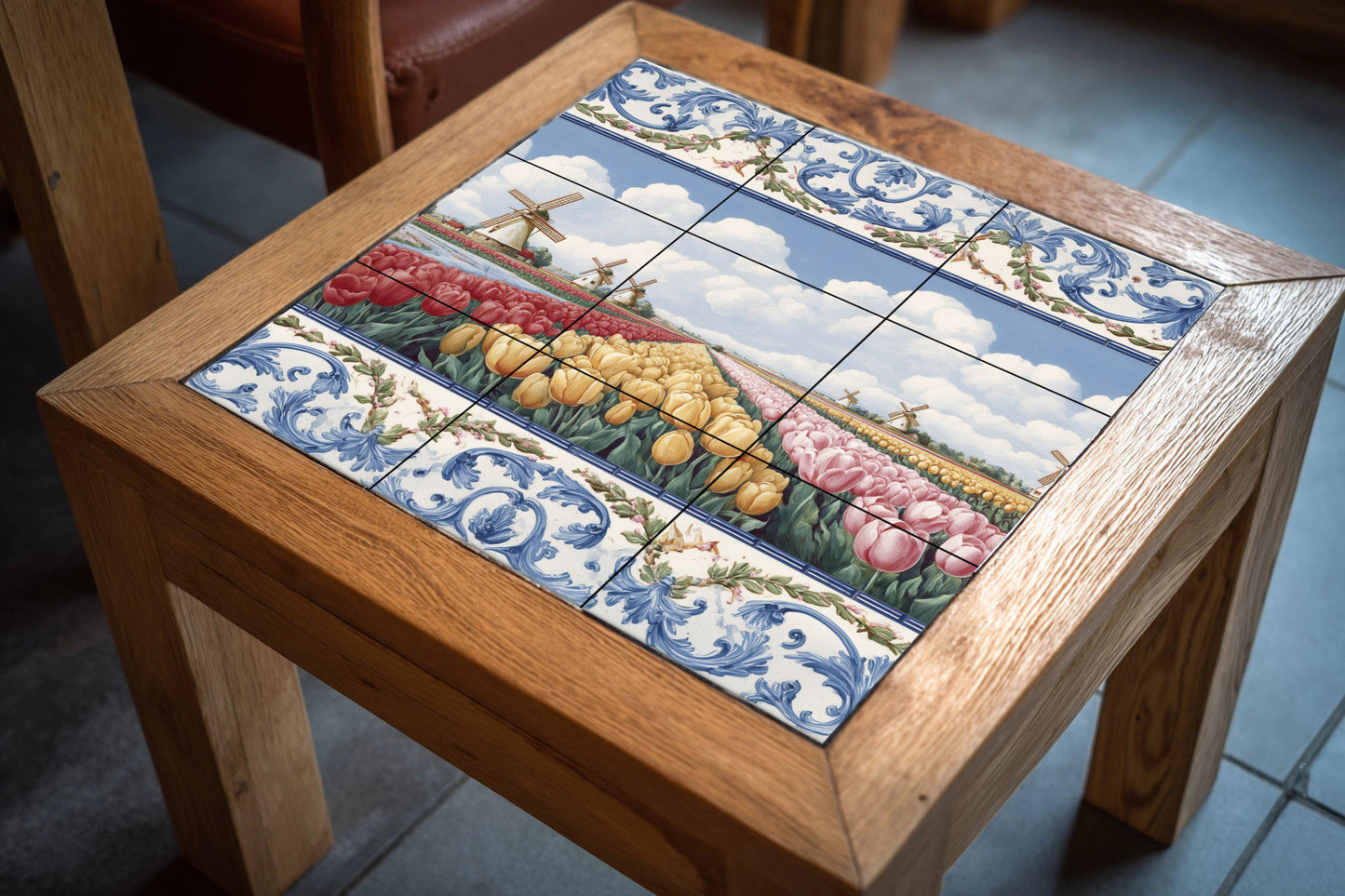 Dutch Tulip Field Mural: Delft-inspired ceramic tile panel, windmill landscape art, floral kitchen decor, European rustic decor