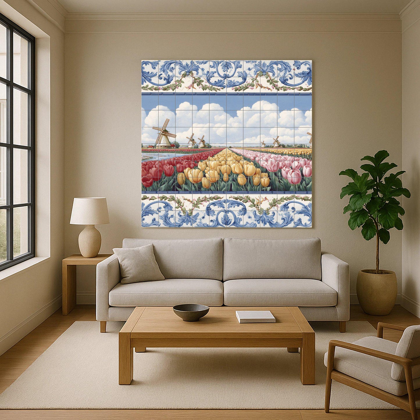 Dutch Tulip Field Mural: Delft-inspired ceramic tile panel, windmill landscape art, floral kitchen decor, European rustic decor