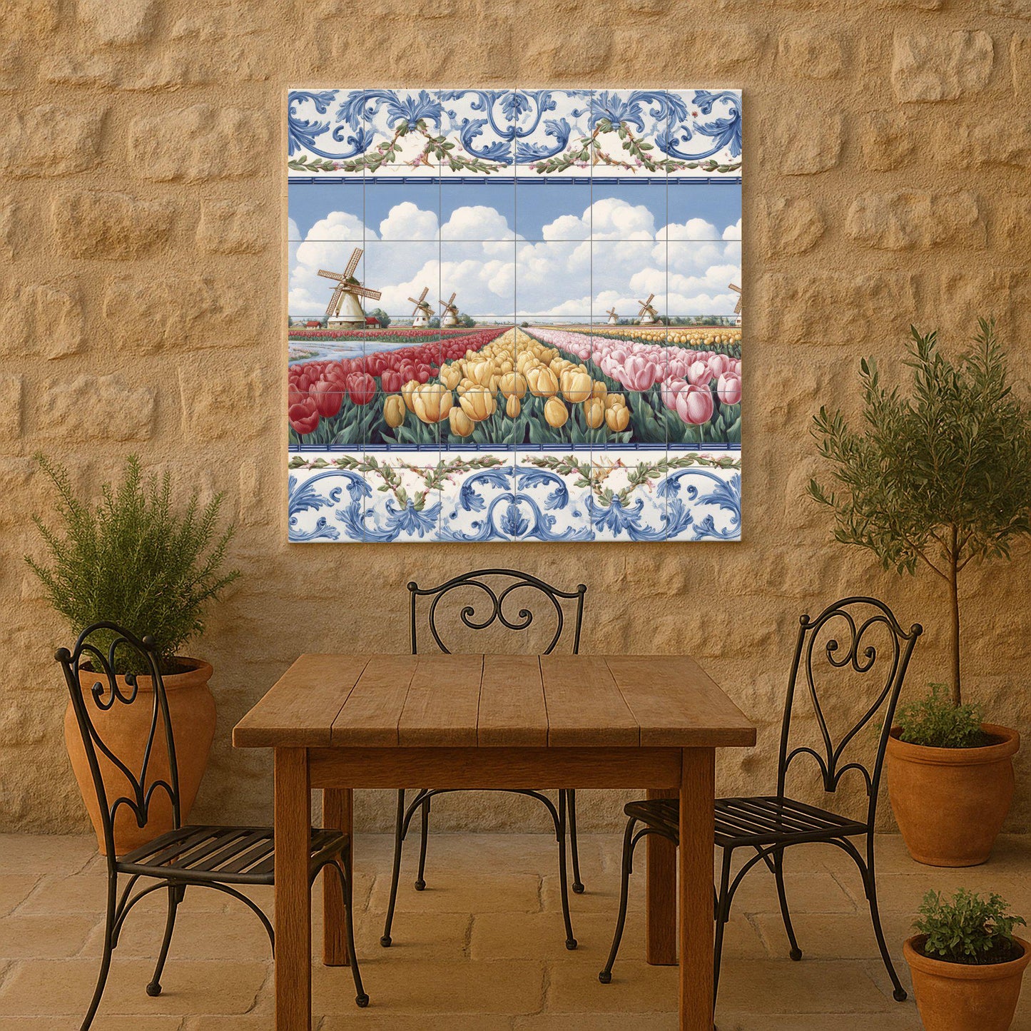Dutch Tulip Field Mural: Delft-inspired ceramic tile panel, windmill landscape art, floral kitchen decor, European rustic decor
