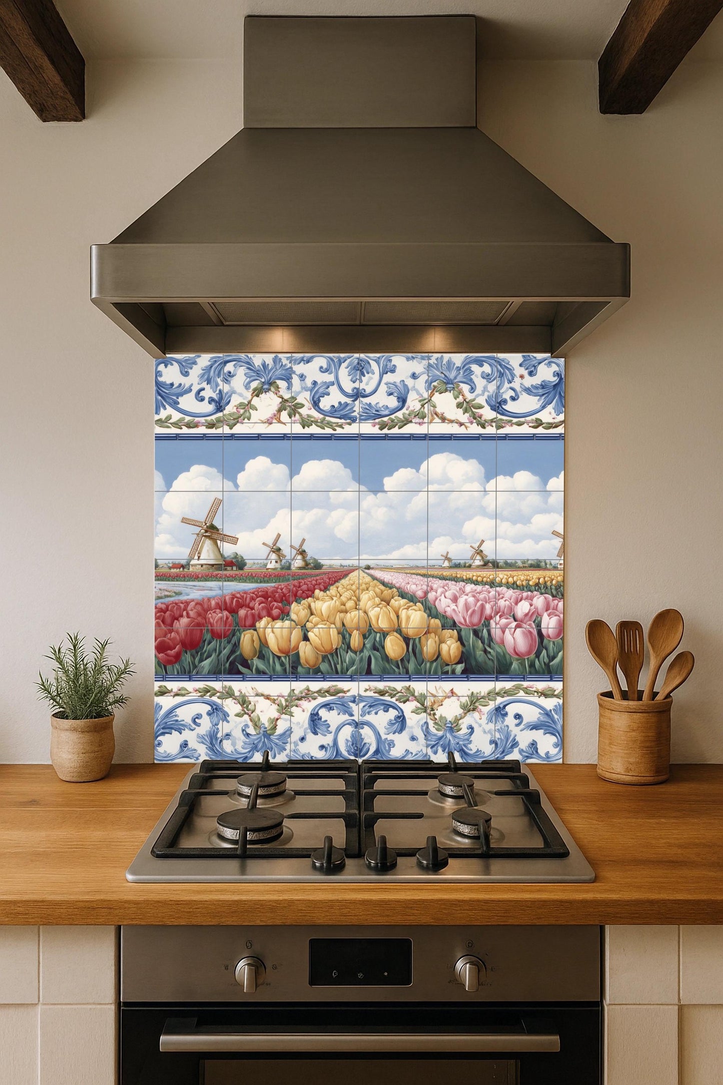 Dutch Tulip Field Mural: Delft-inspired ceramic tile panel, windmill landscape art, floral kitchen decor, European rustic decor