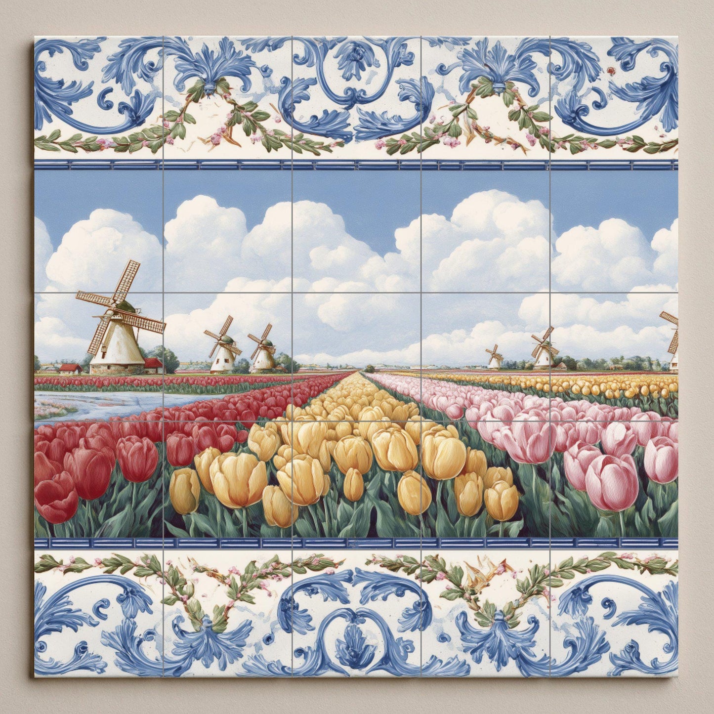 Dutch Tulip Field Mural: Delft-inspired ceramic tile panel, windmill landscape art, floral kitchen decor, European rustic decor