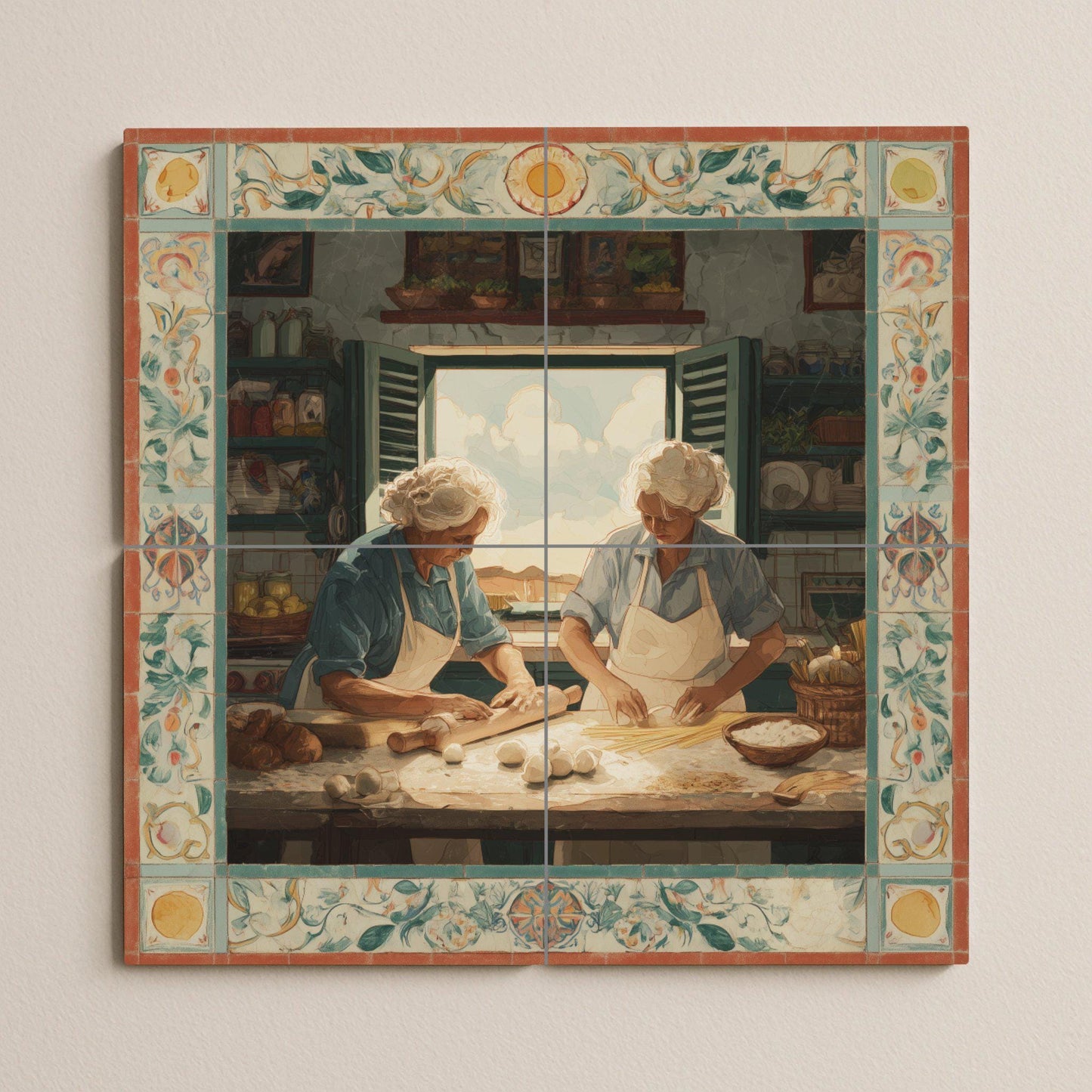 Italian grandmothers preparing pasta – Traditional kitchen tile mural – Rustic culinary scene – Mediterranean ceramic panel – Traditional culinary art