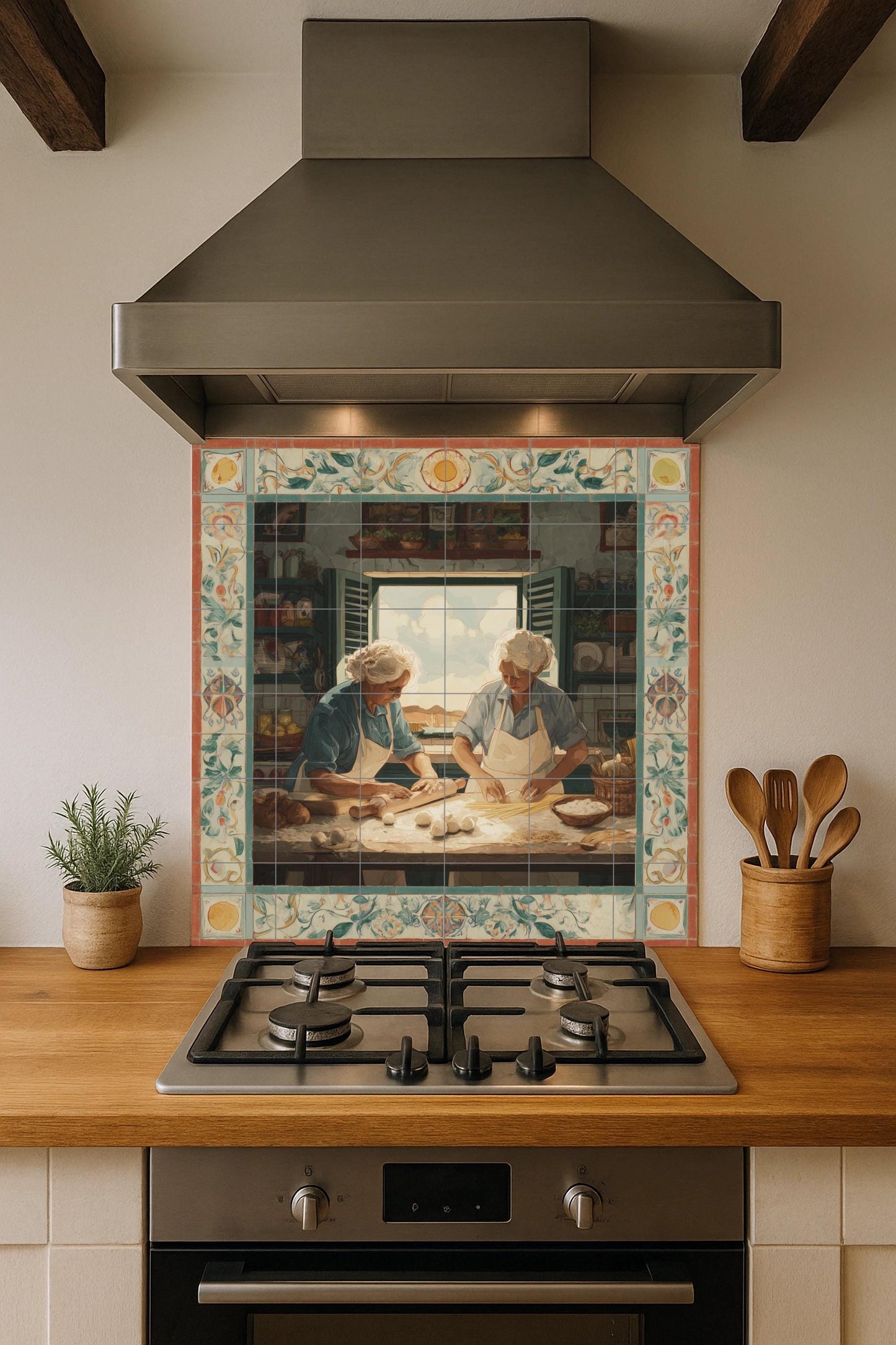 Italian grandmothers preparing pasta – Traditional kitchen tile mural – Rustic culinary scene – Mediterranean ceramic panel – Traditional culinary art
