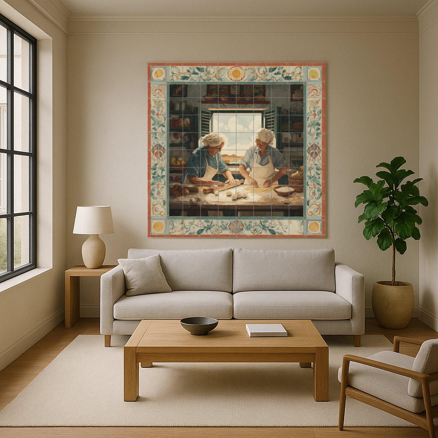 Italian grandmothers preparing pasta – Traditional kitchen tile mural – Rustic culinary scene – Mediterranean ceramic panel – Traditional culinary art