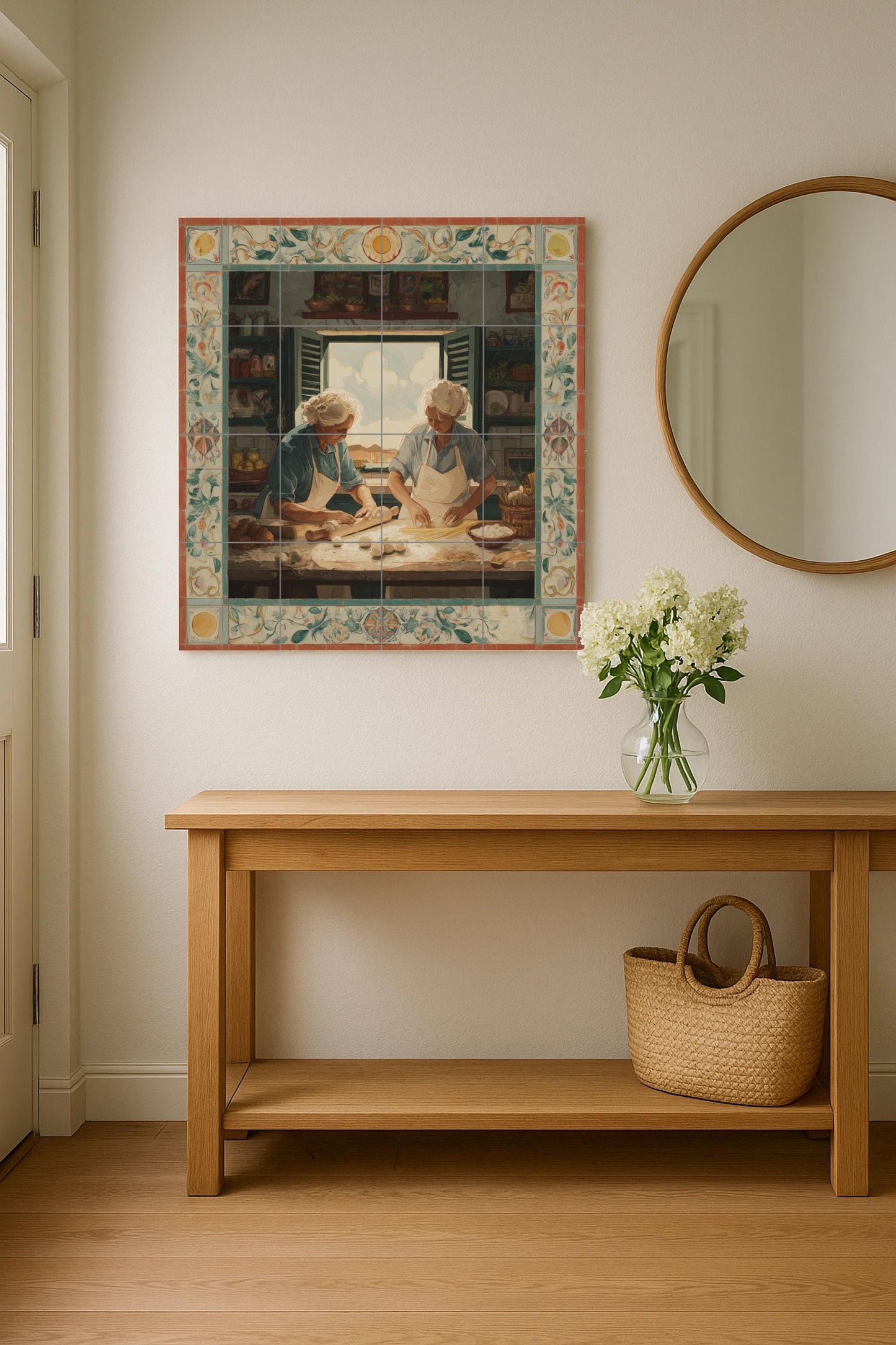 Italian grandmothers preparing pasta – Traditional kitchen tile mural – Rustic culinary scene – Mediterranean ceramic panel – Traditional culinary art