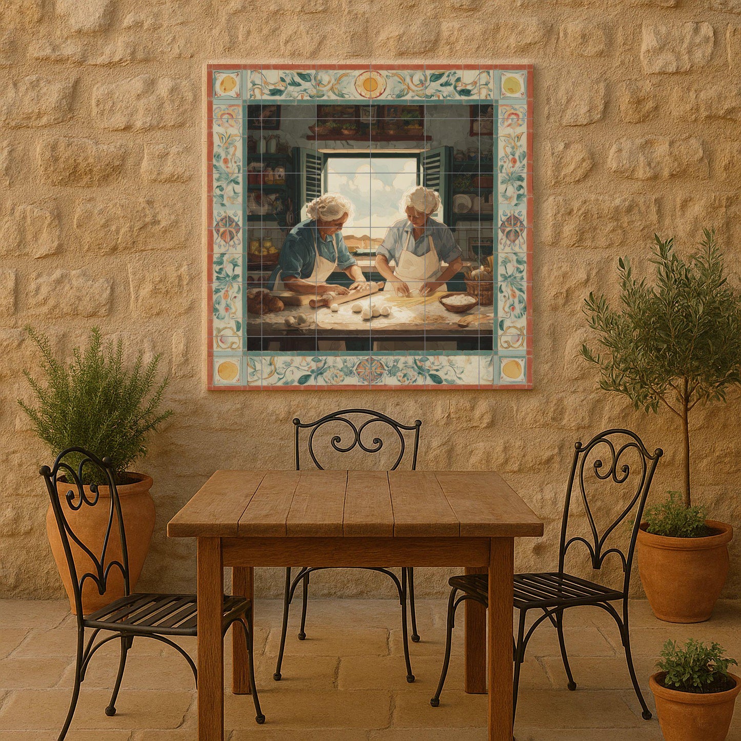 Italian grandmothers preparing pasta – Traditional kitchen tile mural – Rustic culinary scene – Mediterranean ceramic panel – Traditional culinary art