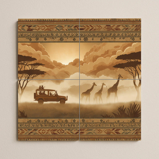 Ceramic mural of safari giraffes: border tribal wildlife panel, Serengeti scene in sepia, cultural mosaic for rustic or adventure decor.