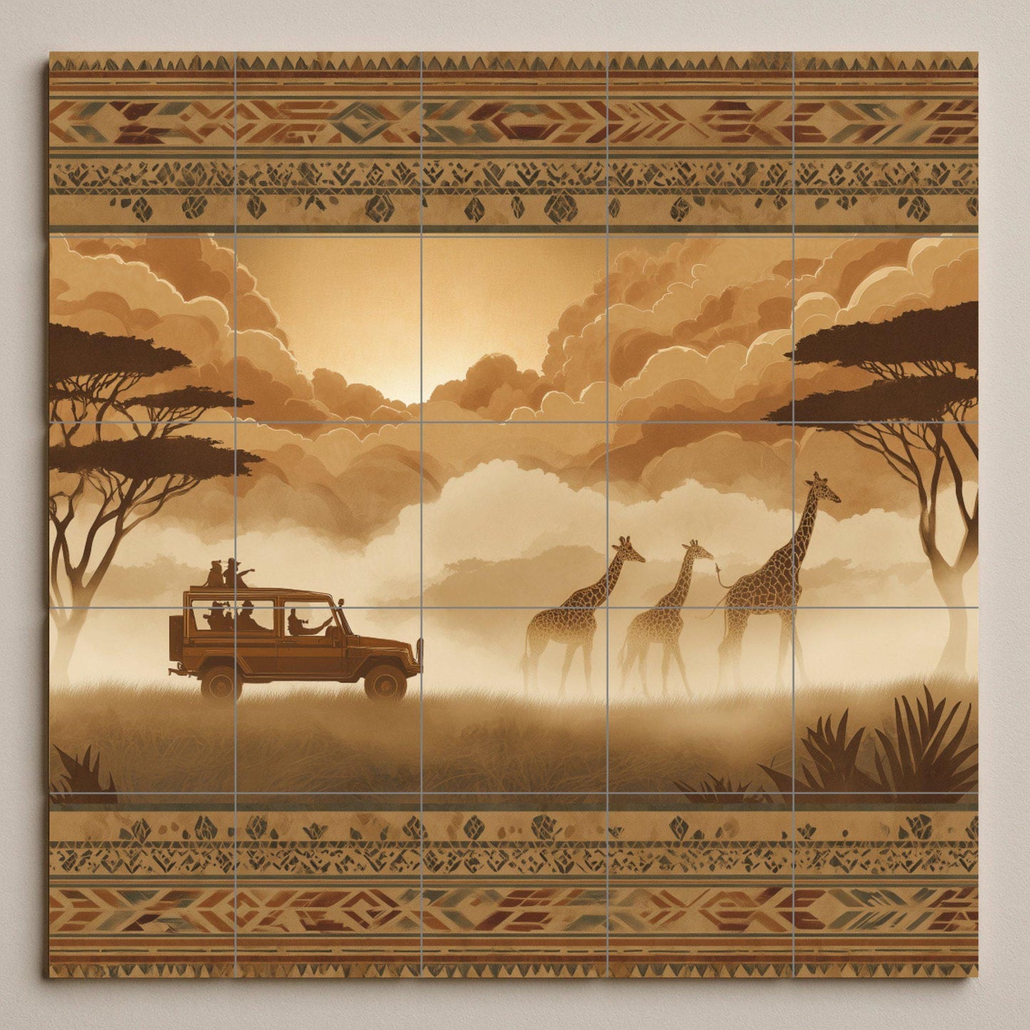 Ceramic mural of safari giraffes: border tribal wildlife panel, Serengeti scene in sepia, cultural mosaic for rustic or adventure decor.