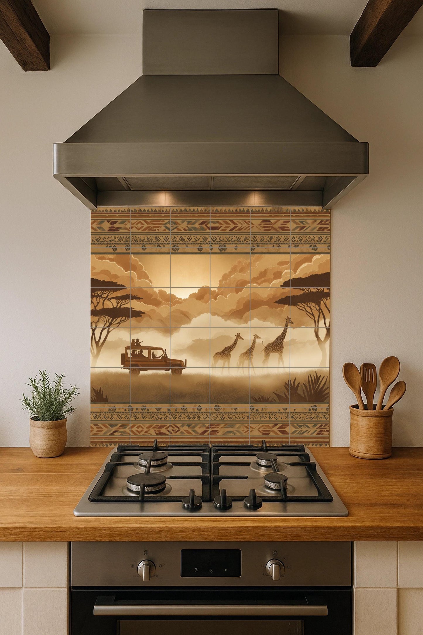 Ceramic mural of safari giraffes: border tribal wildlife panel, Serengeti scene in sepia, cultural mosaic for rustic or adventure decor.