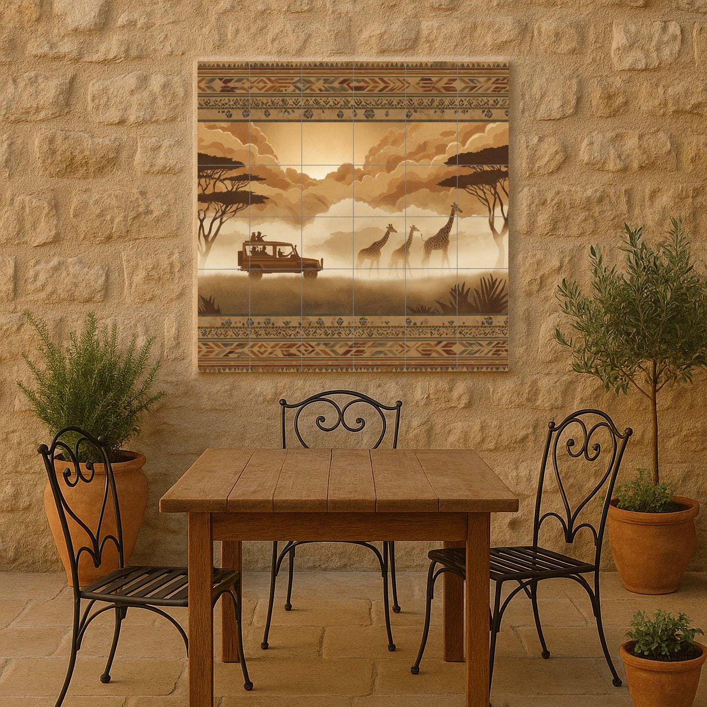 Ceramic mural of safari giraffes: border tribal wildlife panel, Serengeti scene in sepia, cultural mosaic for rustic or adventure decor.