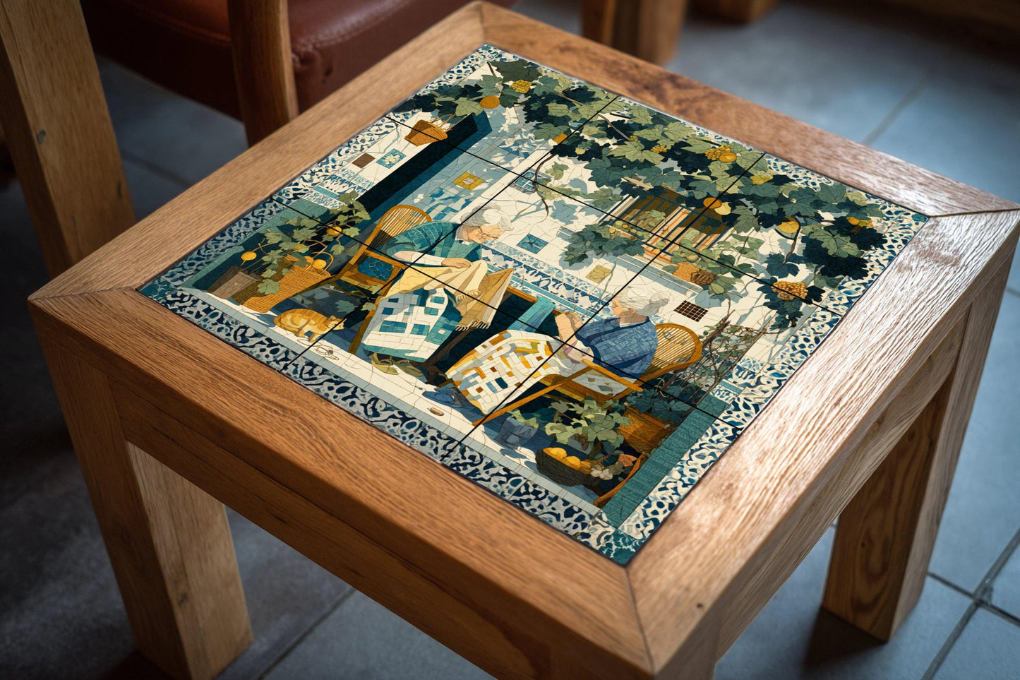Sicilian patio tile mural: Mediterranean mosaic with women sewing under vines for kitchen, garden or rustic interior decoration.