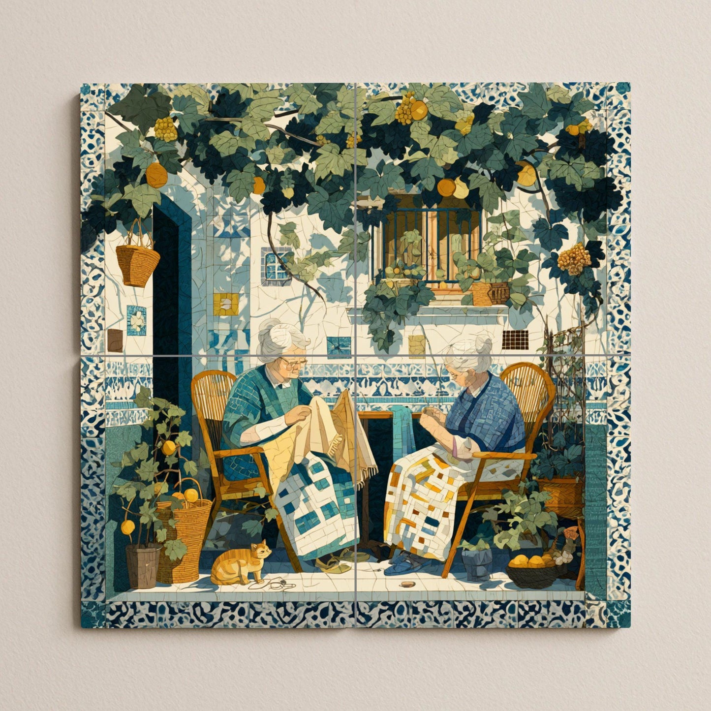 Sicilian patio tile mural: Mediterranean mosaic with women sewing under vines for kitchen, garden or rustic interior decoration.