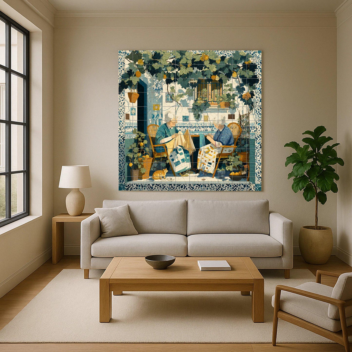 Sicilian patio tile mural: Mediterranean mosaic with women sewing under vines for kitchen, garden or rustic interior decoration.