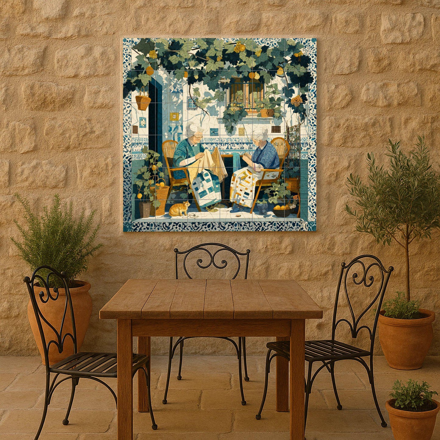 Sicilian patio tile mural: Mediterranean mosaic with women sewing under vines for kitchen, garden or rustic interior decoration.