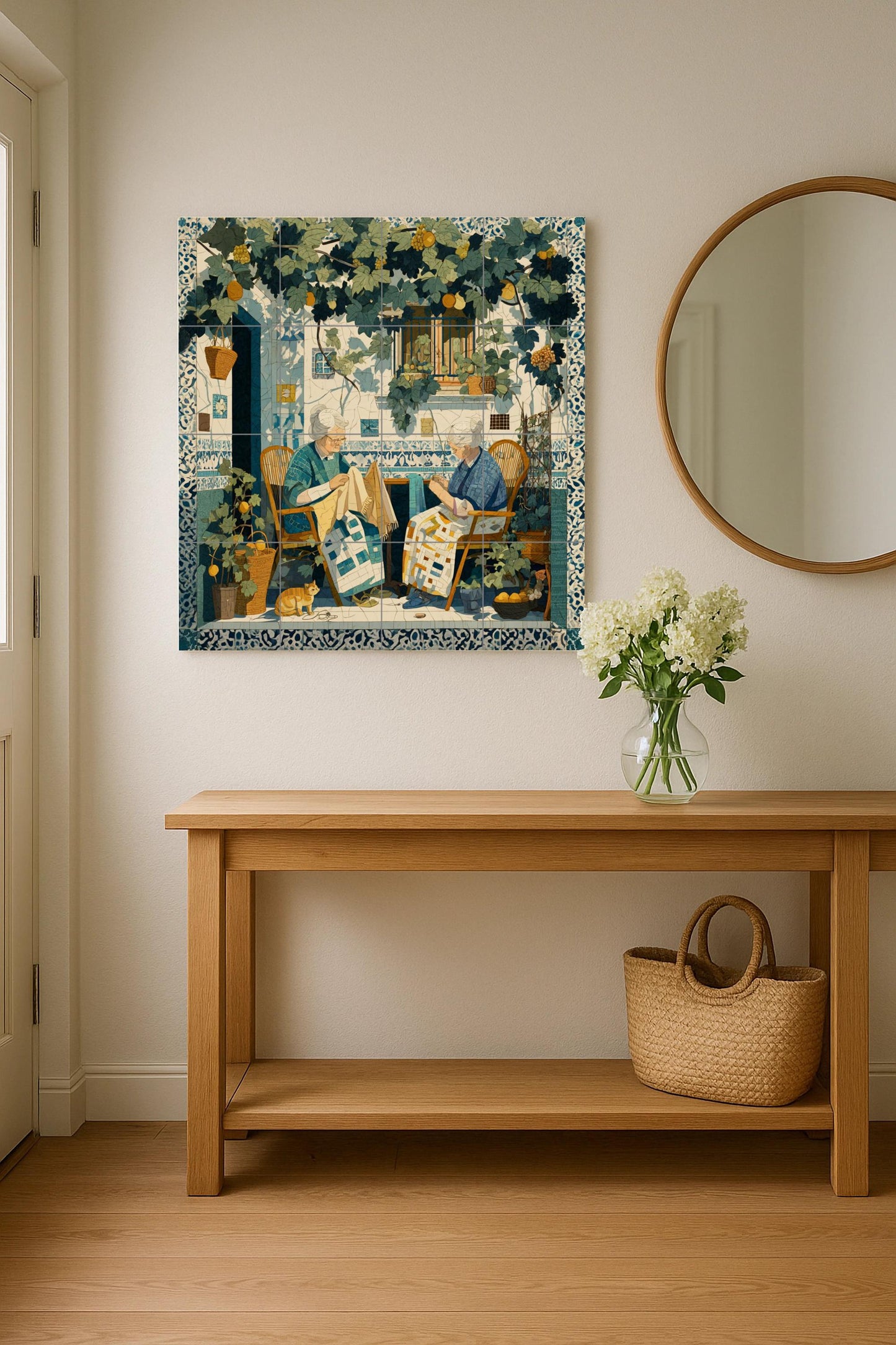 Sicilian patio tile mural: Mediterranean mosaic with women sewing under vines for kitchen, garden or rustic interior decoration.