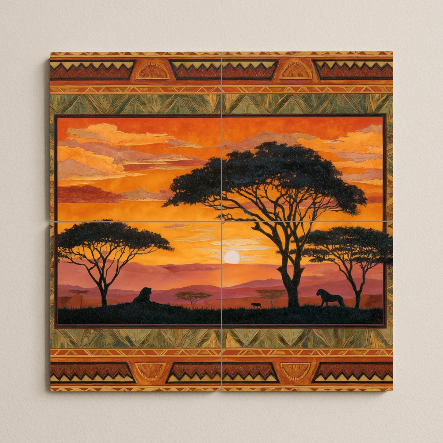 "Sunset in the Savannah" tile mural: African wildlife mosaic with lions and tribal border for kitchen, cabin or a warm interior detail.