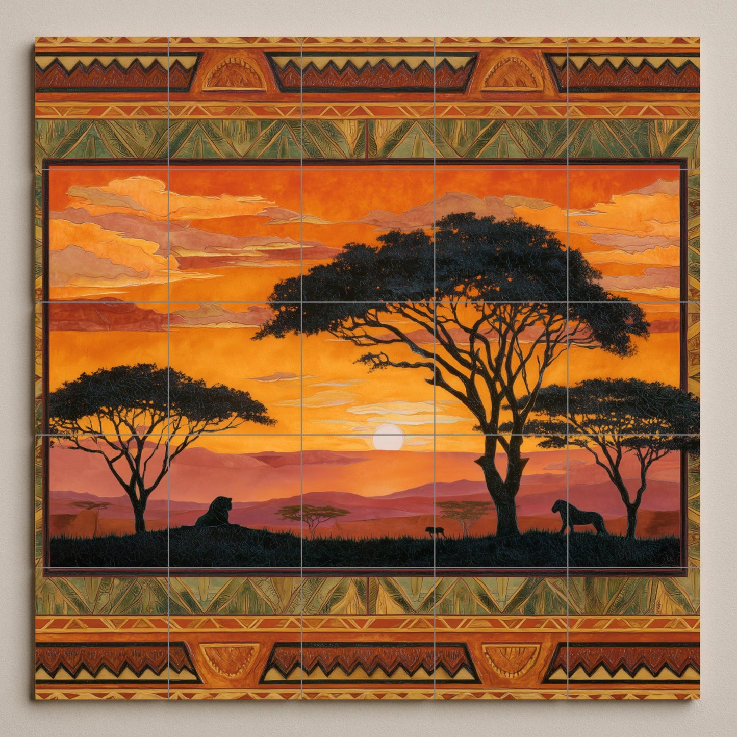 "Sunset in the Savannah" tile mural: African wildlife mosaic with lions and tribal border for kitchen, cabin or a warm interior detail.