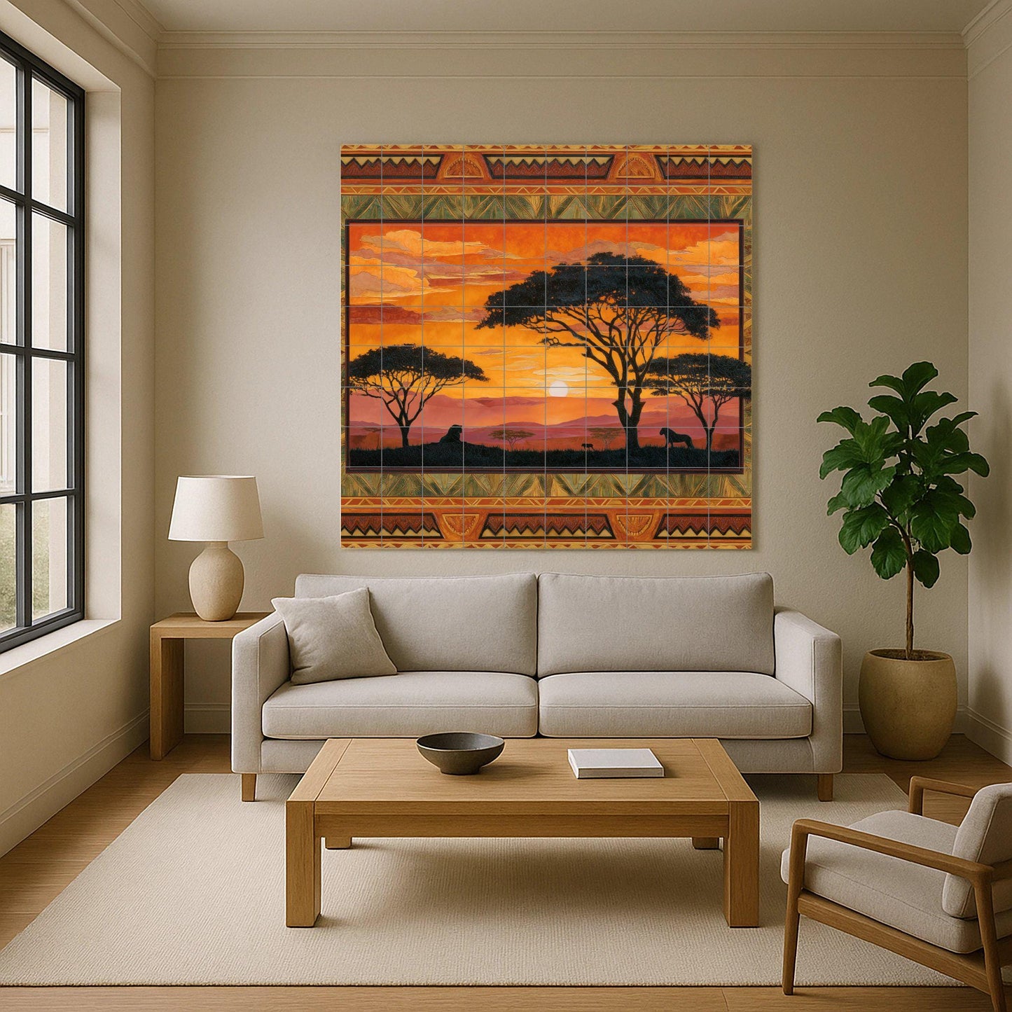 "Sunset in the Savannah" tile mural: African wildlife mosaic with lions and tribal border for kitchen, cabin or a warm interior detail.