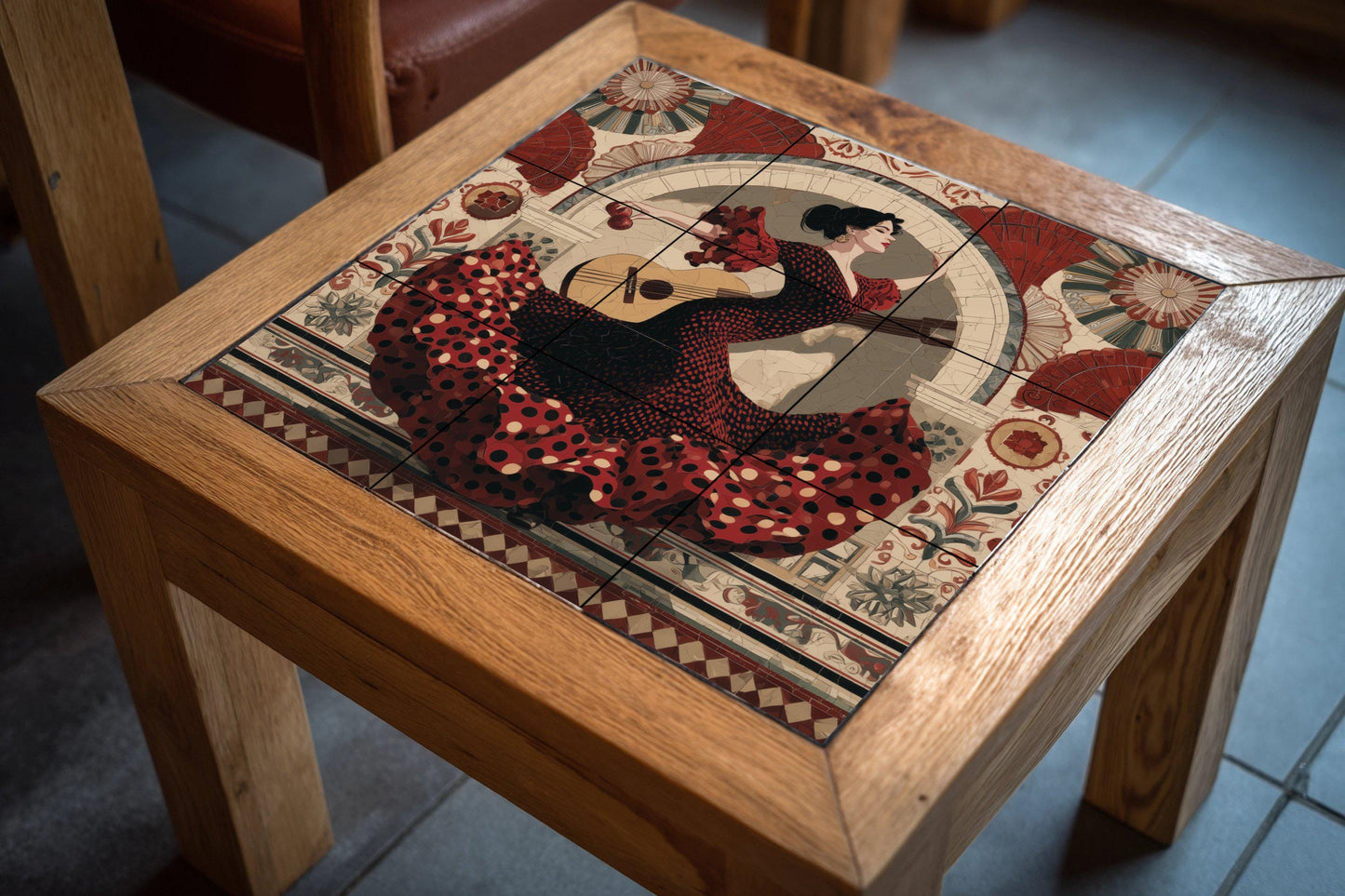 Flamenco dancer tile mural: Seville-inspired wall mosaic with Spanish dress and guitar for kitchen backsplash or cultural accent decor.