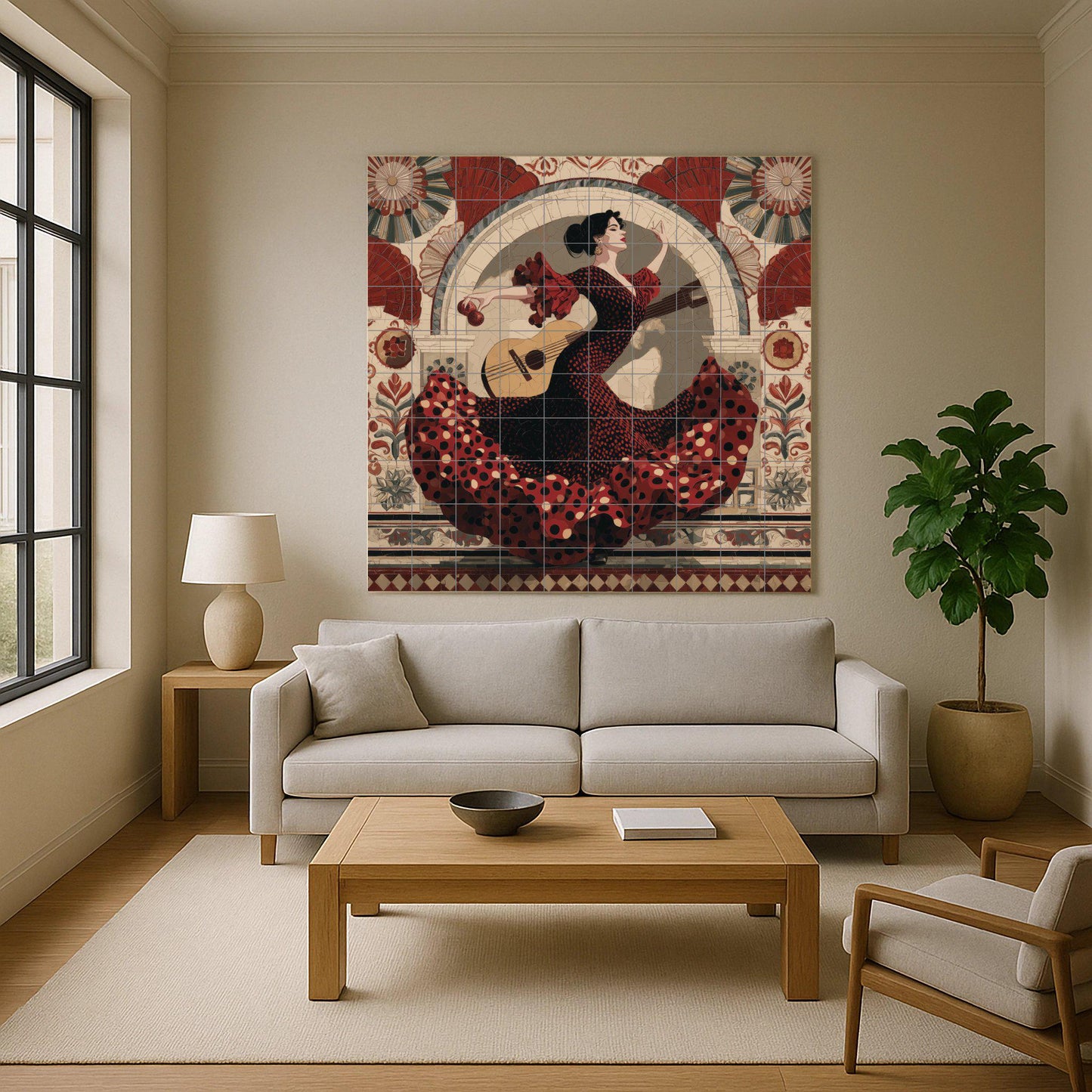 Flamenco dancer tile mural: Seville-inspired wall mosaic with Spanish dress and guitar for kitchen backsplash or cultural accent decor.