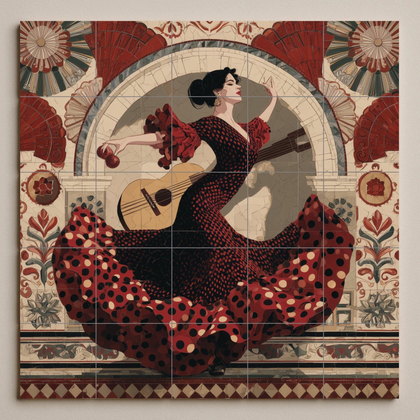 Flamenco dancer tile mural: Seville-inspired wall mosaic with Spanish dress and guitar for kitchen backsplash or cultural accent decor.