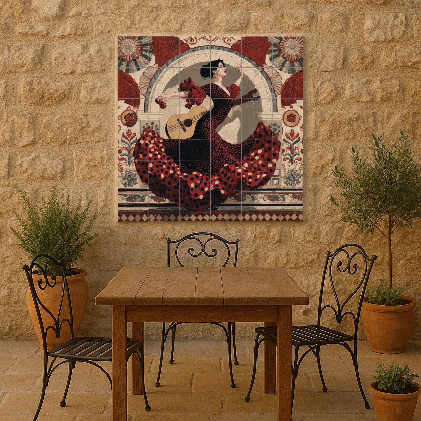 Flamenco dancer tile mural: Seville-inspired wall mosaic with Spanish dress and guitar for kitchen backsplash or cultural accent decor.