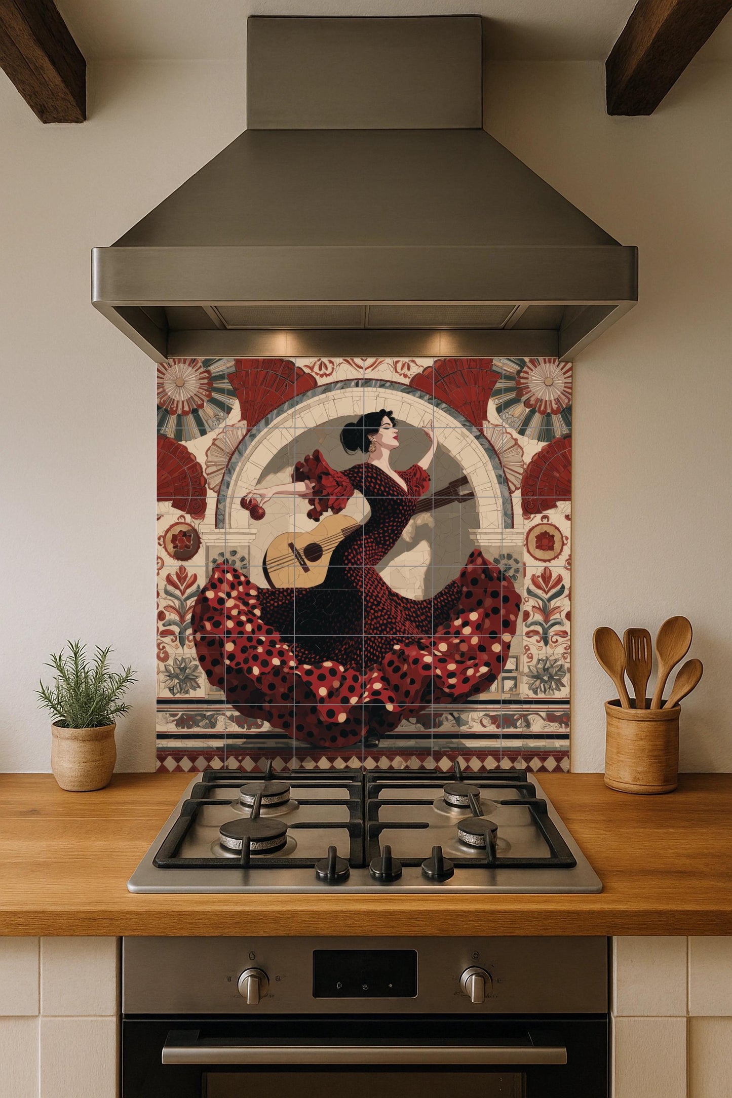Flamenco dancer tile mural: Seville-inspired wall mosaic with Spanish dress and guitar for kitchen backsplash or cultural accent decor.