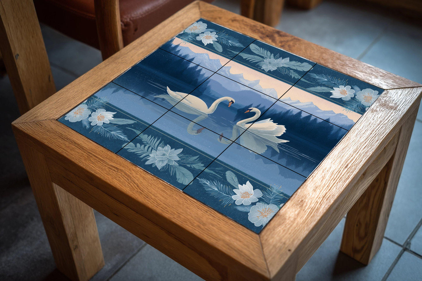 Alpine swan tile mural: Romantic lake mosaic with mountain landscape and floral frame for a serene decoration of bathroom, bedroom or kitchen.