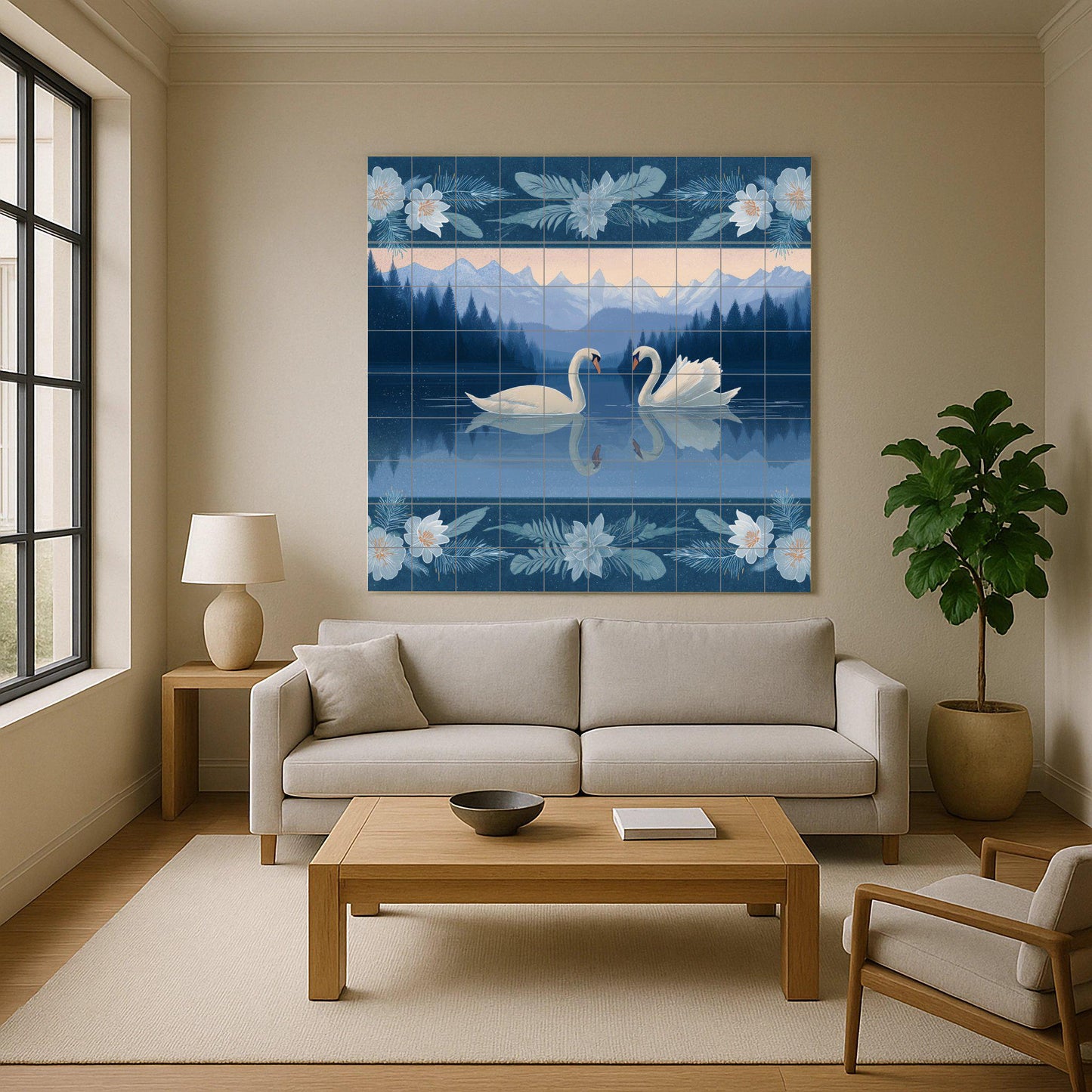 Alpine swan tile mural: Romantic lake mosaic with mountain landscape and floral frame for a serene decoration of bathroom, bedroom or kitchen.