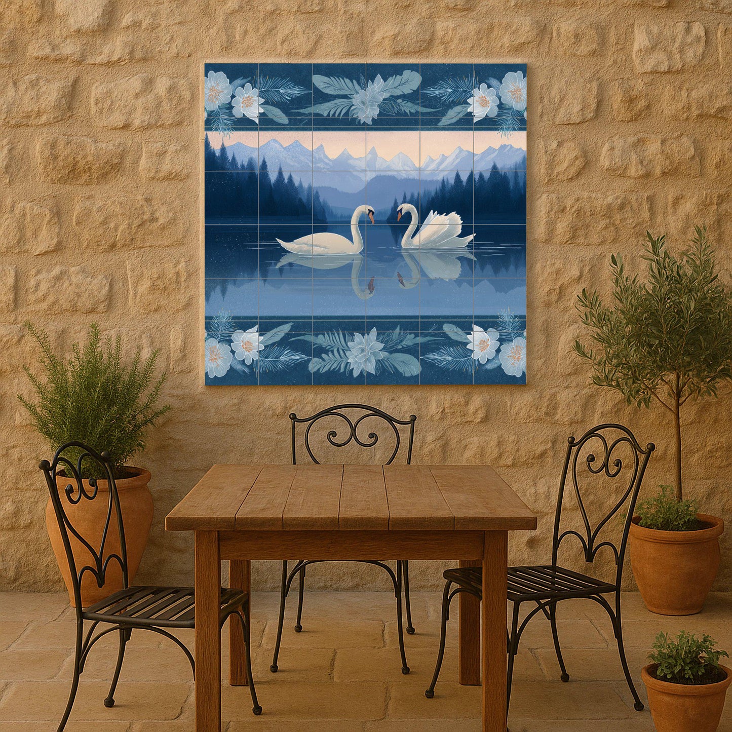 Alpine swan tile mural: Romantic lake mosaic with mountain landscape and floral frame for a serene decoration of bathroom, bedroom or kitchen.