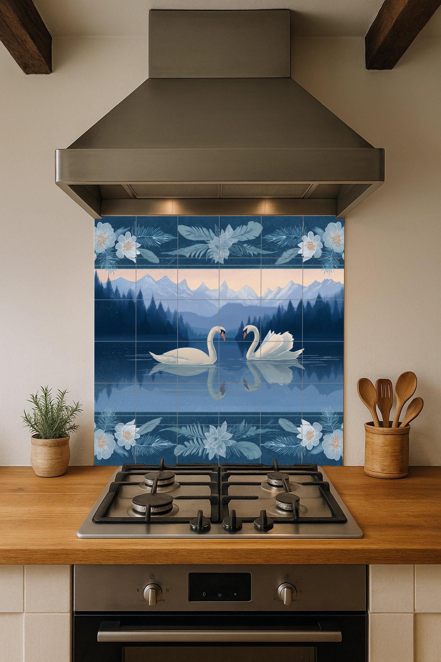Alpine swan tile mural: Romantic lake mosaic with mountain landscape and floral frame for a serene decoration of bathroom, bedroom or kitchen.
