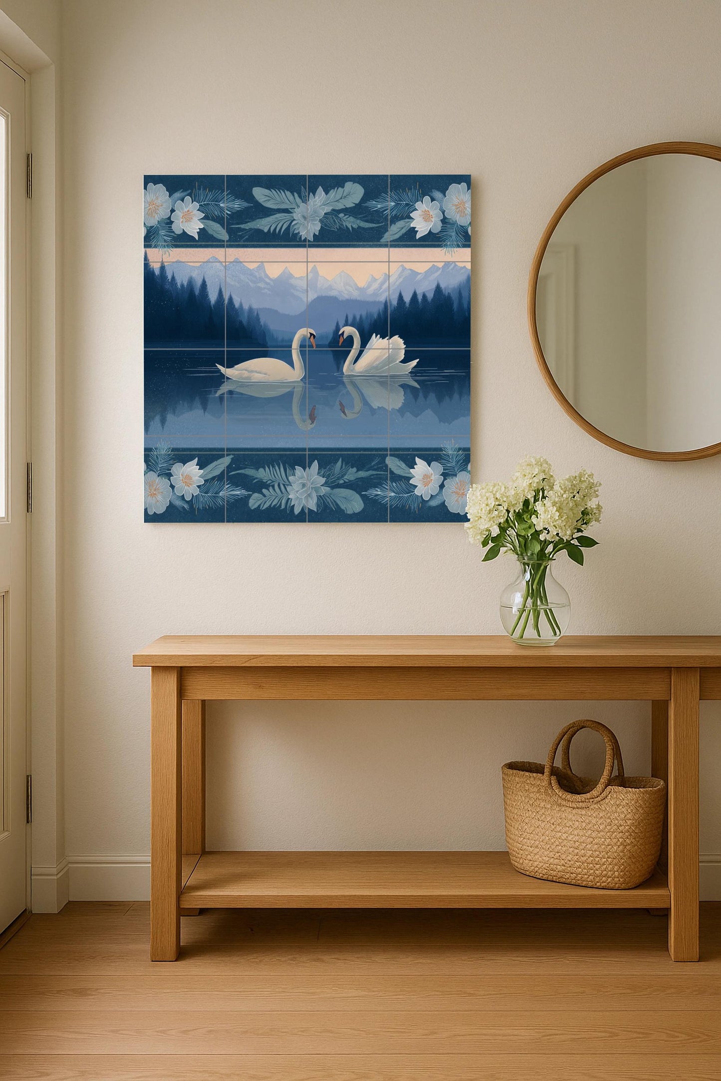 Alpine swan tile mural: Romantic lake mosaic with mountain landscape and floral frame for a serene decoration of bathroom, bedroom or kitchen.