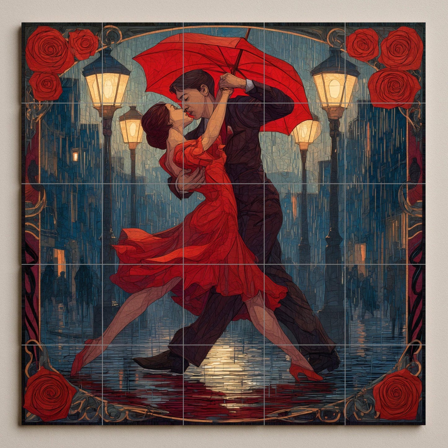 Tango Under the Rain Tile Mural: Argentine dance wall mosaic with passion for Buenos Aires for decorating the kitchen, gallery or romantic entrance.