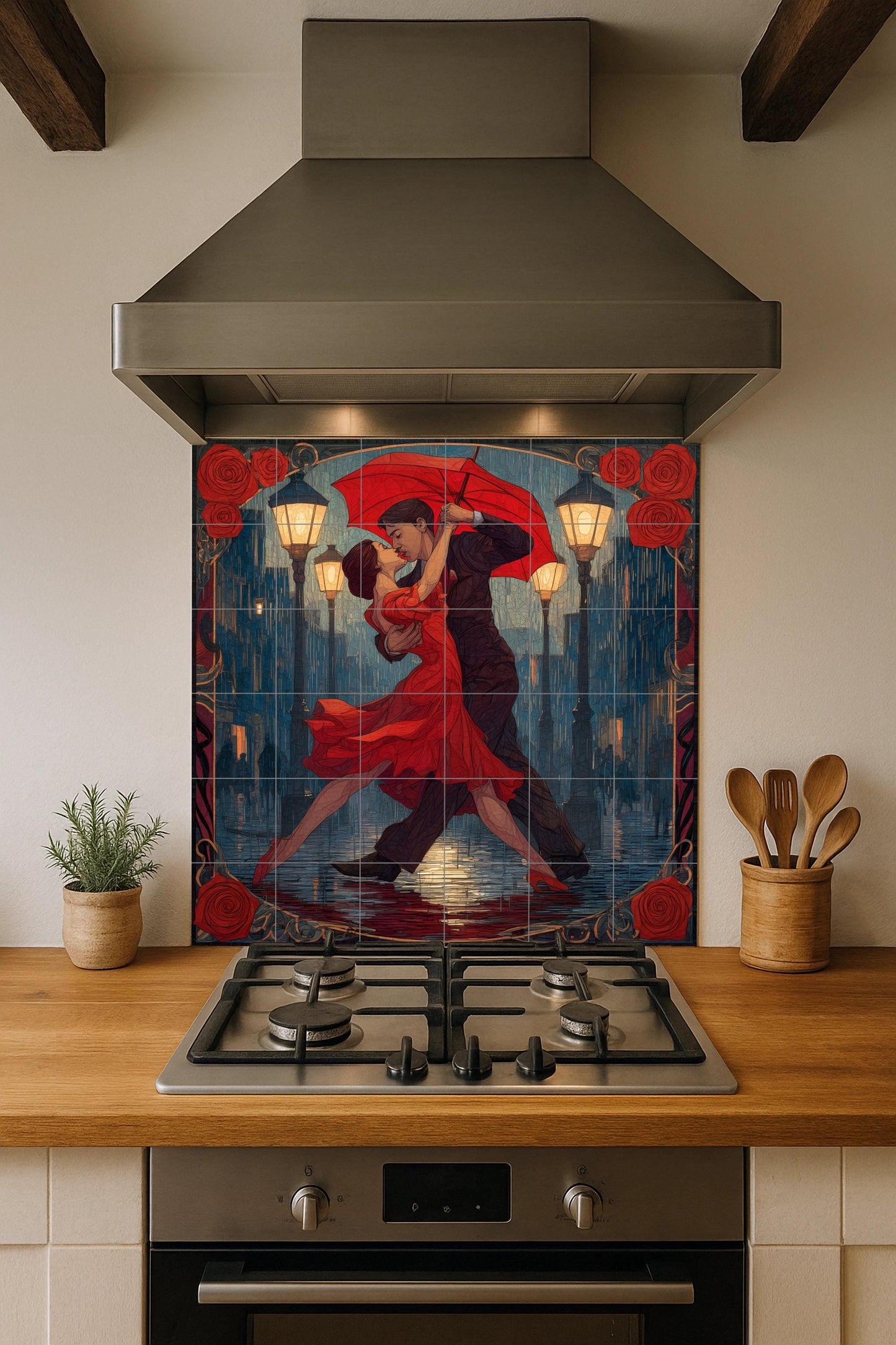 Tango Under the Rain Tile Mural: Argentine dance wall mosaic with passion for Buenos Aires for decorating the kitchen, gallery or romantic entrance.