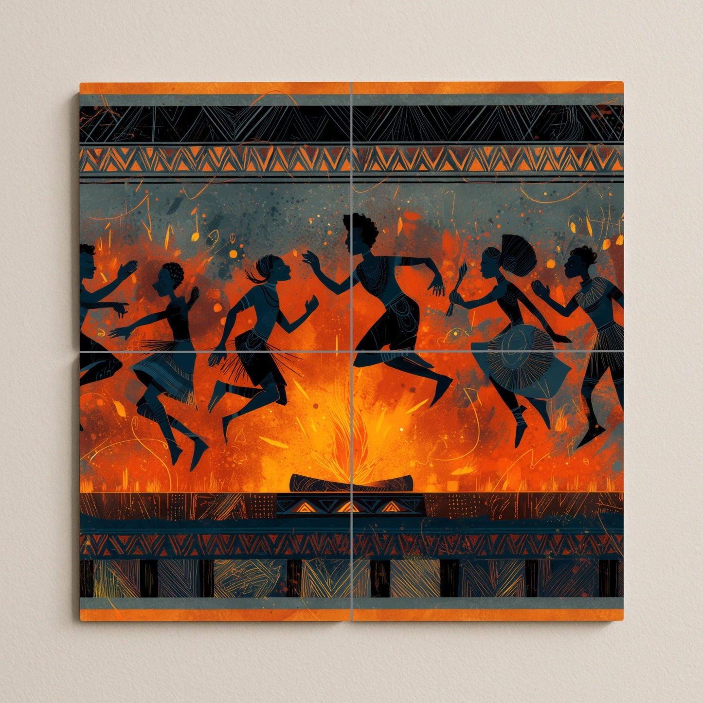 Tribal dance tile mural: rhythmic mosaic by firelight with African silhouettes and patterns for cultural backsplashes or expressive wall decor.