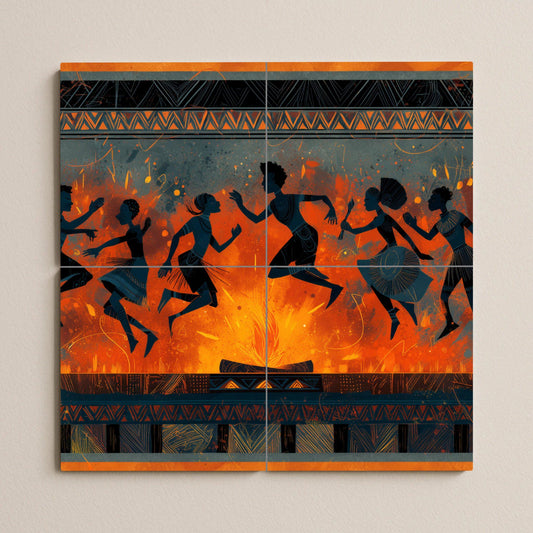 Tribal dance tile mural: rhythmic mosaic by firelight with African silhouettes and patterns for cultural backsplashes or expressive wall decor.