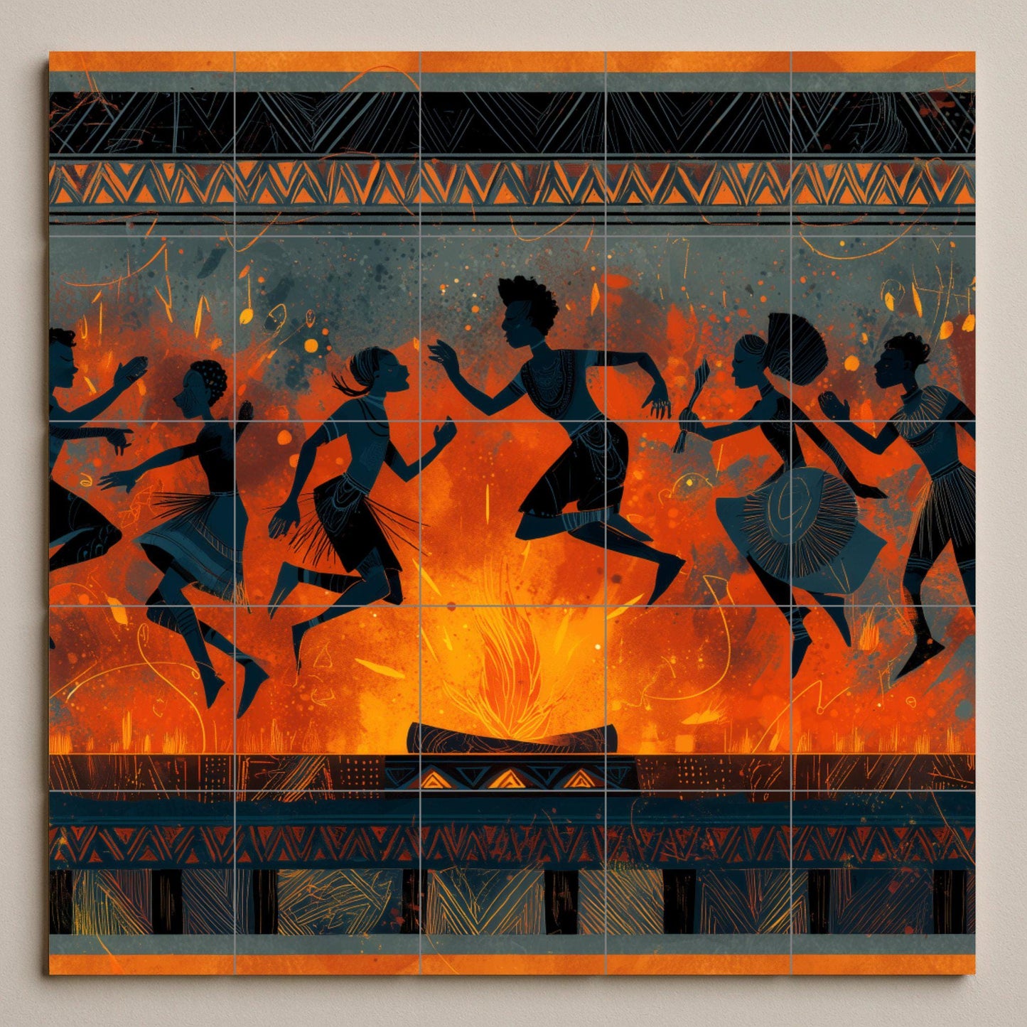 Tribal dance tile mural: rhythmic mosaic by firelight with African silhouettes and patterns for cultural backsplashes or expressive wall decor.