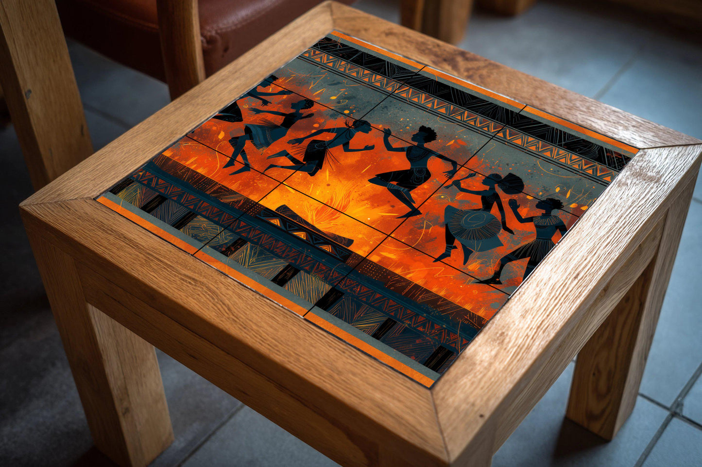 Tribal dance tile mural: rhythmic mosaic by firelight with African silhouettes and patterns for cultural backsplashes or expressive wall decor.