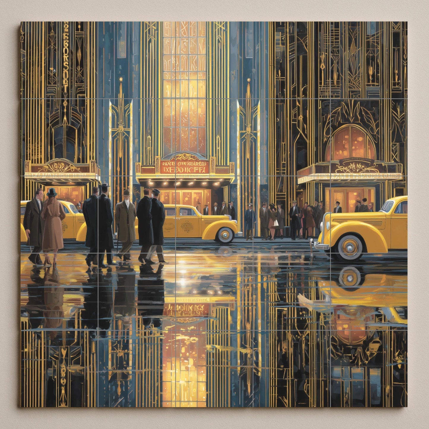 New York Art Deco Tile Mural: Golden Age cityscape mosaic with theater lights and yellow taxis for kitchen backsplash and vintage hallway decor.