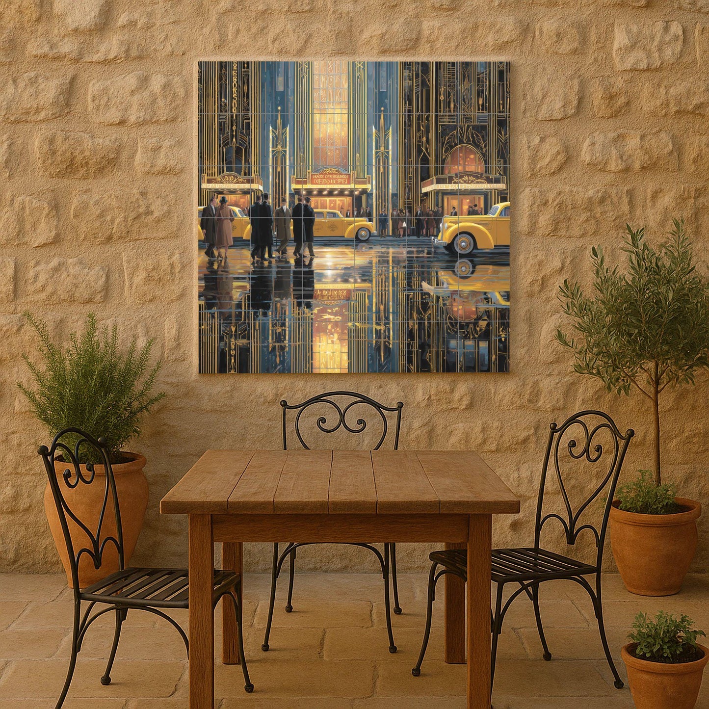 New York Art Deco Tile Mural: Golden Age cityscape mosaic with theater lights and yellow taxis for kitchen backsplash and vintage hallway decor.