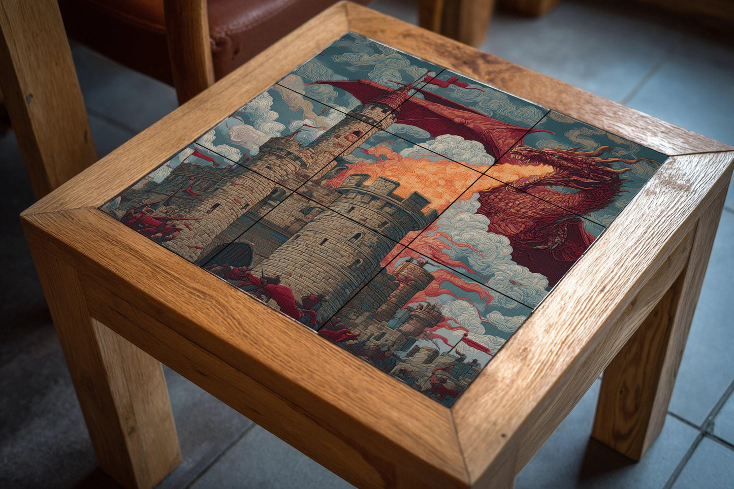 Dragon Siege Tile Mural: Fantasy Castle Wall Mosaic with Fire-Breathing Beast for Medieval Kitchen Backsplash or Epic Hallway Decor.