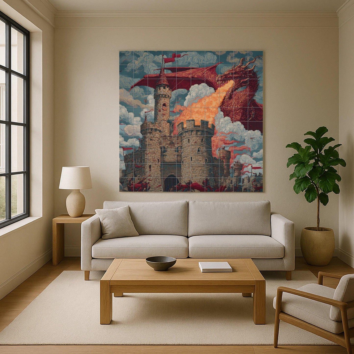 Dragon Siege Tile Mural: Fantasy Castle Wall Mosaic with Fire-Breathing Beast for Medieval Kitchen Backsplash or Epic Hallway Decor.