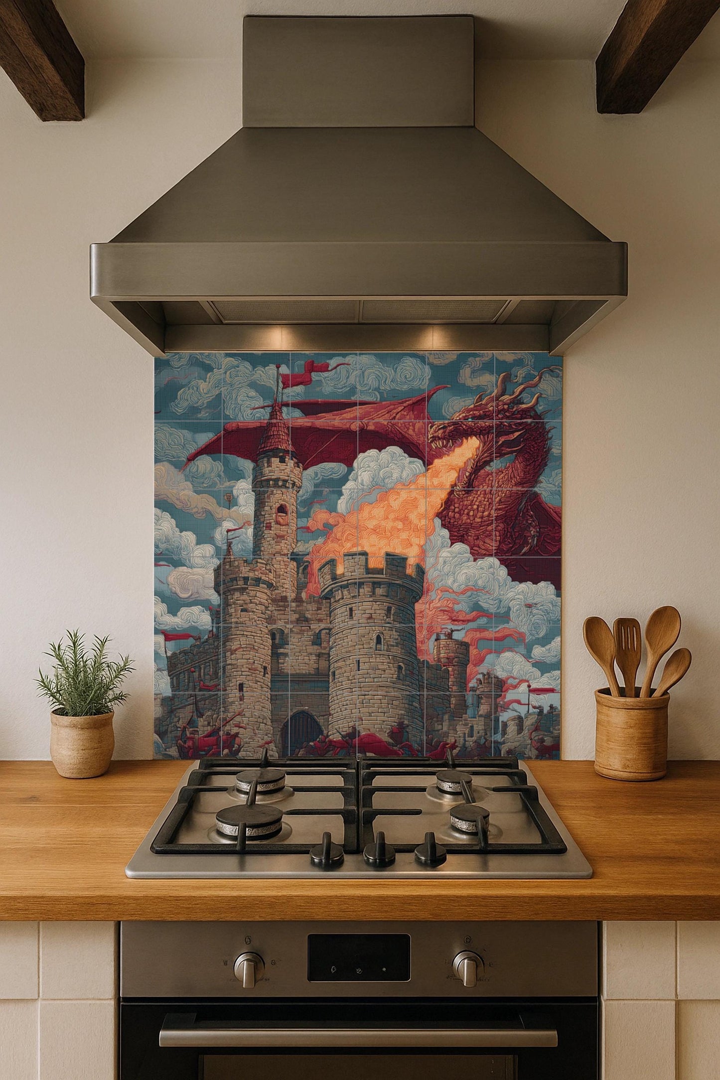 Dragon Siege Tile Mural: Fantasy Castle Wall Mosaic with Fire-Breathing Beast for Medieval Kitchen Backsplash or Epic Hallway Decor.