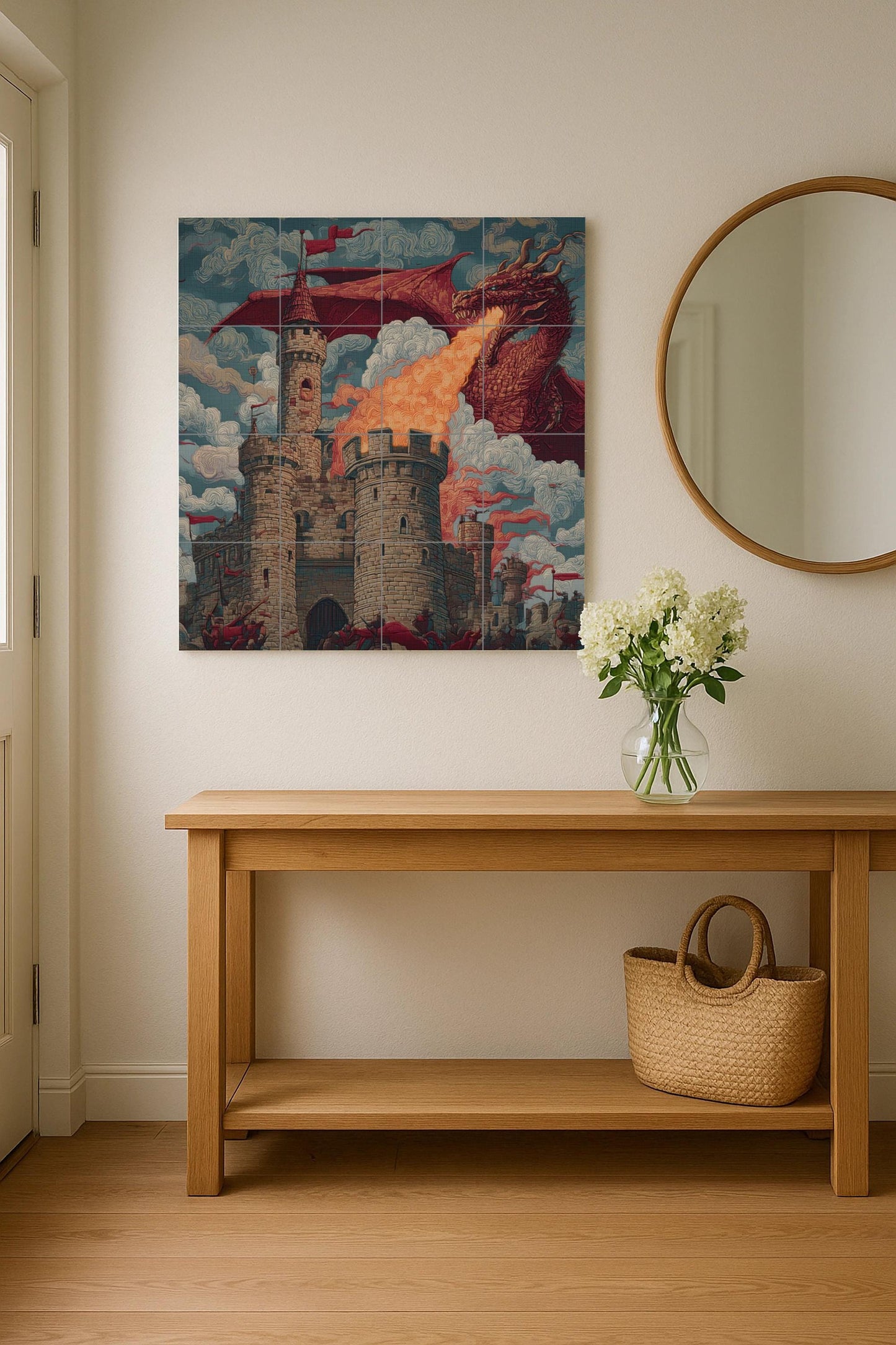 Dragon Siege Tile Mural: Fantasy Castle Wall Mosaic with Fire-Breathing Beast for Medieval Kitchen Backsplash or Epic Hallway Decor.