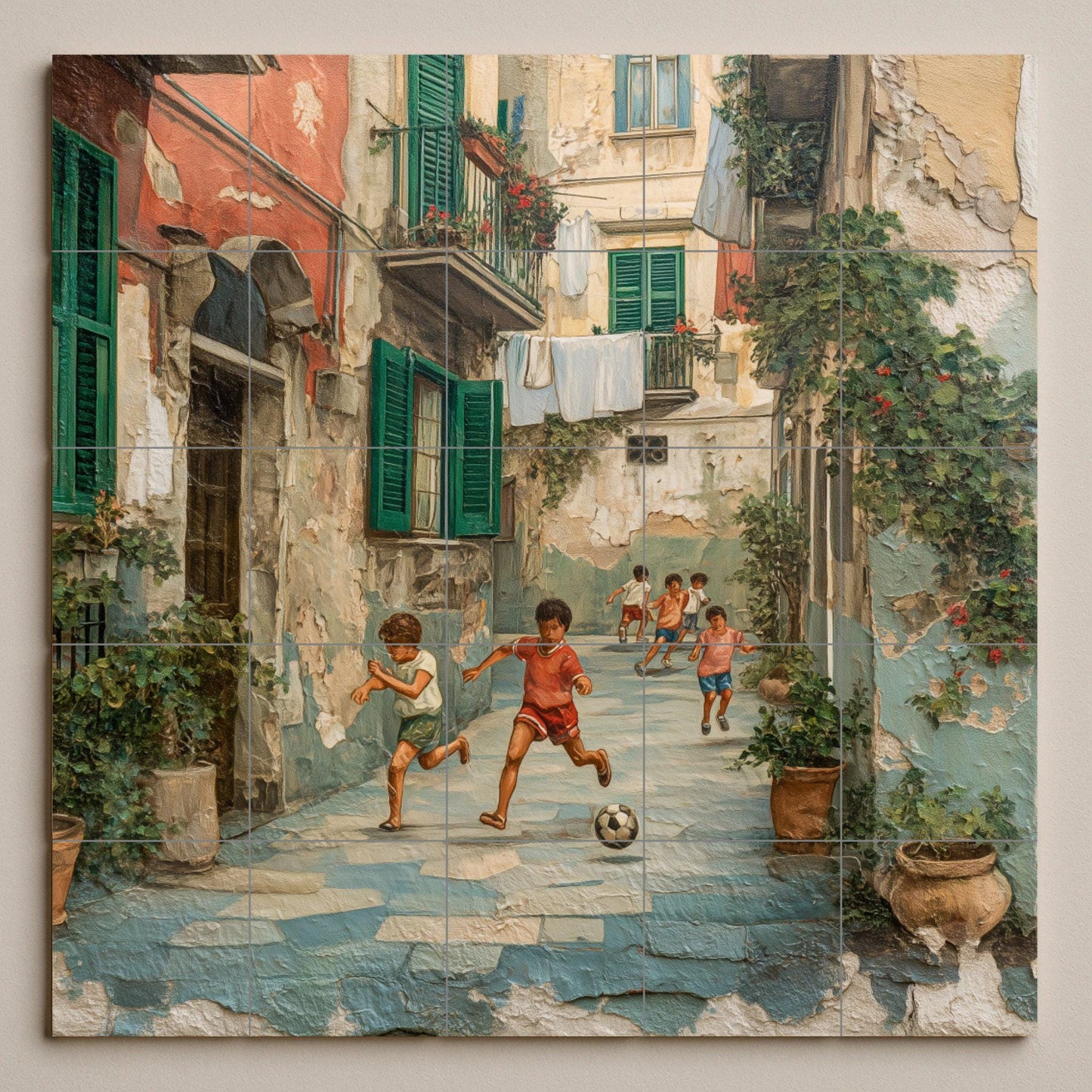 Neapolitan patio tile mural: Nostalgic ceramic mosaic of children playing football in southern Italy for kitchen, patio and urban entrance.