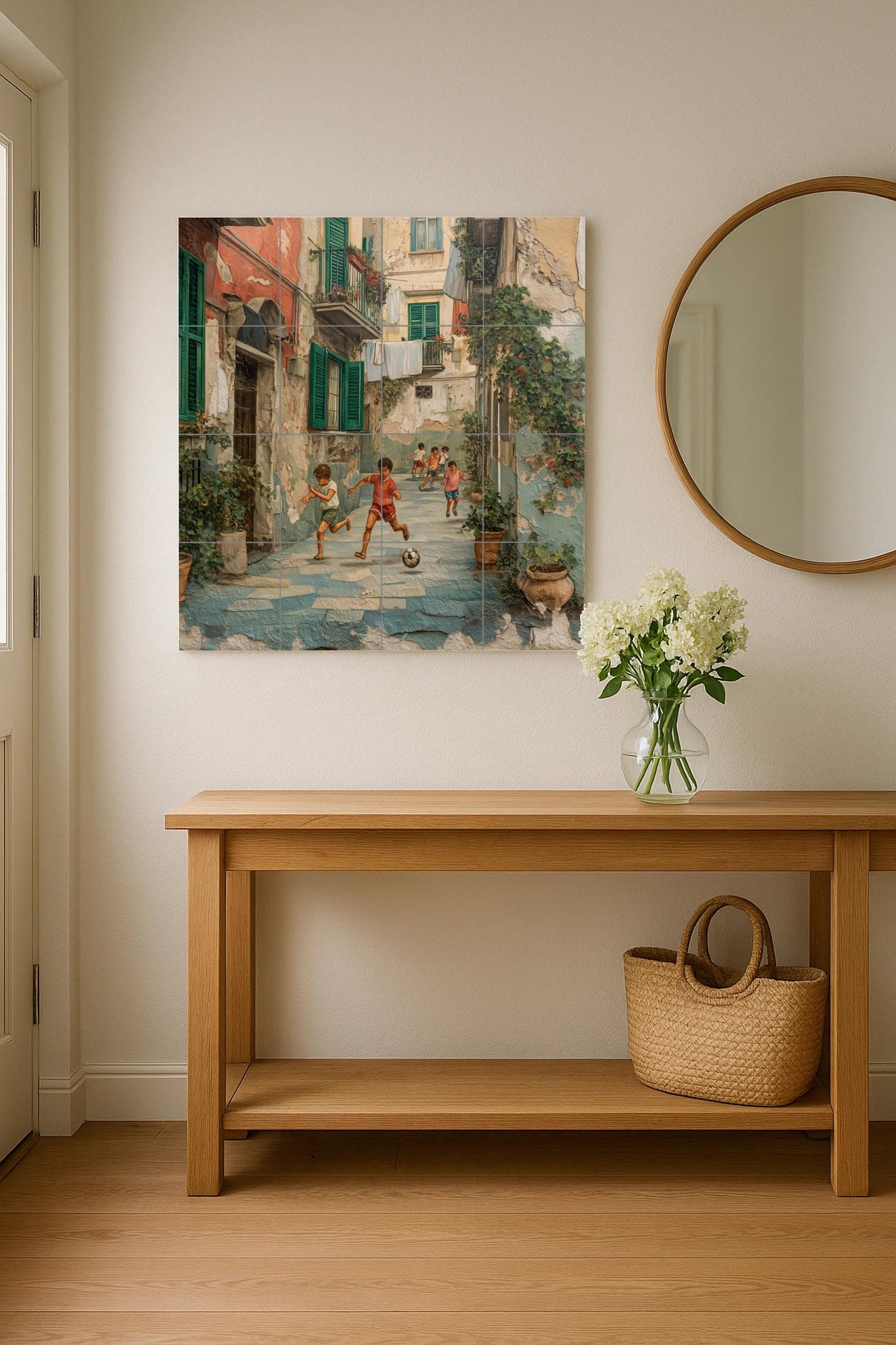 Neapolitan patio tile mural: Nostalgic ceramic mosaic of children playing football in southern Italy for kitchen, patio and urban entrance.