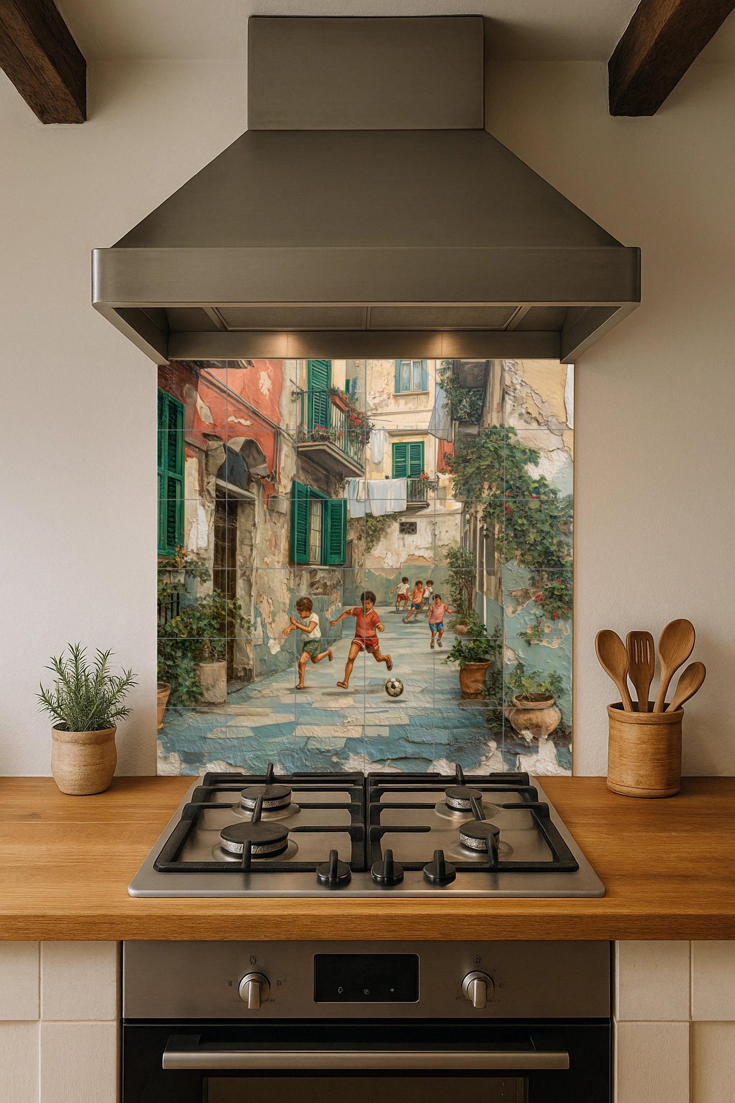 Neapolitan patio tile mural: Nostalgic ceramic mosaic of children playing football in southern Italy for kitchen, patio and urban entrance.