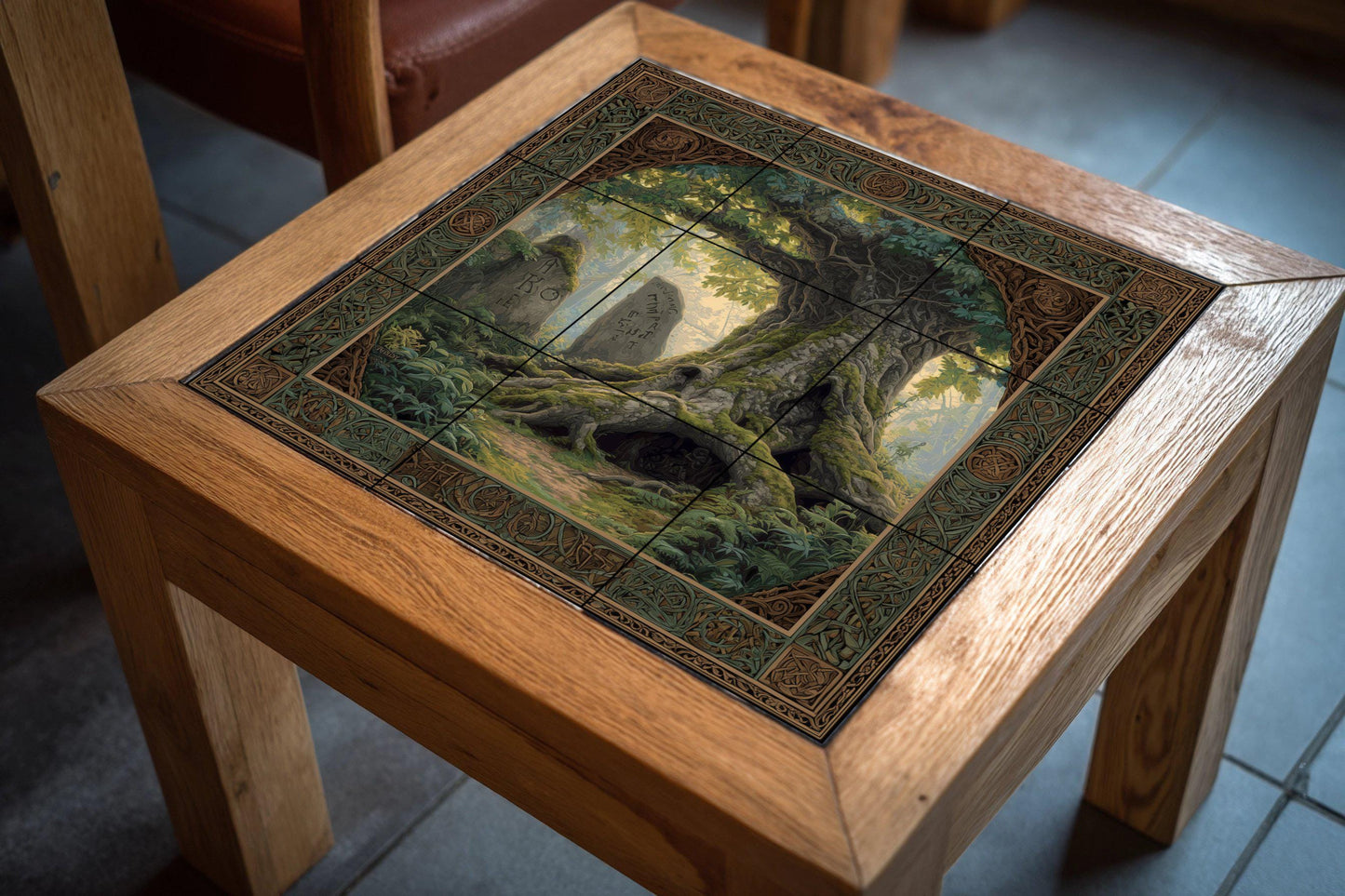 Ancient Tree of Runes tile mural: Mythical forest ceramic mosaic with sacred oak and Celtic border to decorate hallways, homes or forests.